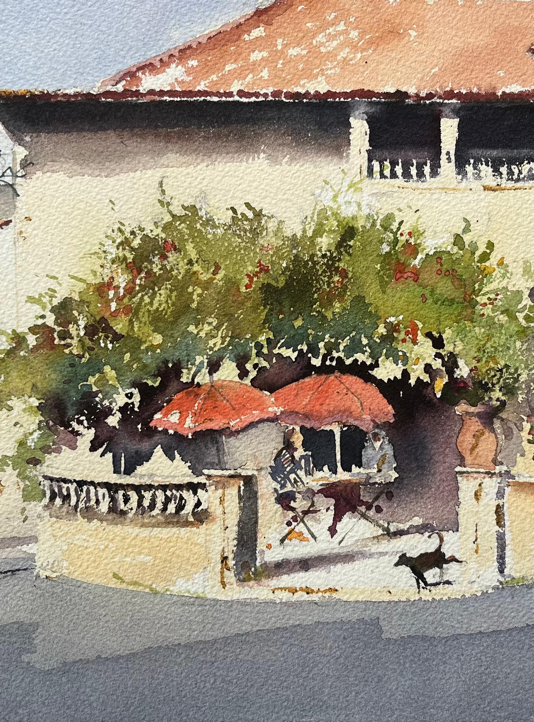 Title: British Impressionist Watercolor of Terrace Café Scene with Red Umbrellas
by Anthony Avery (British 1946-2023)
Original watercolor on artists paper, unframed
Dimensions: 11 x 15.25 inches (Height x Width)
Condition: Good, with some minor
