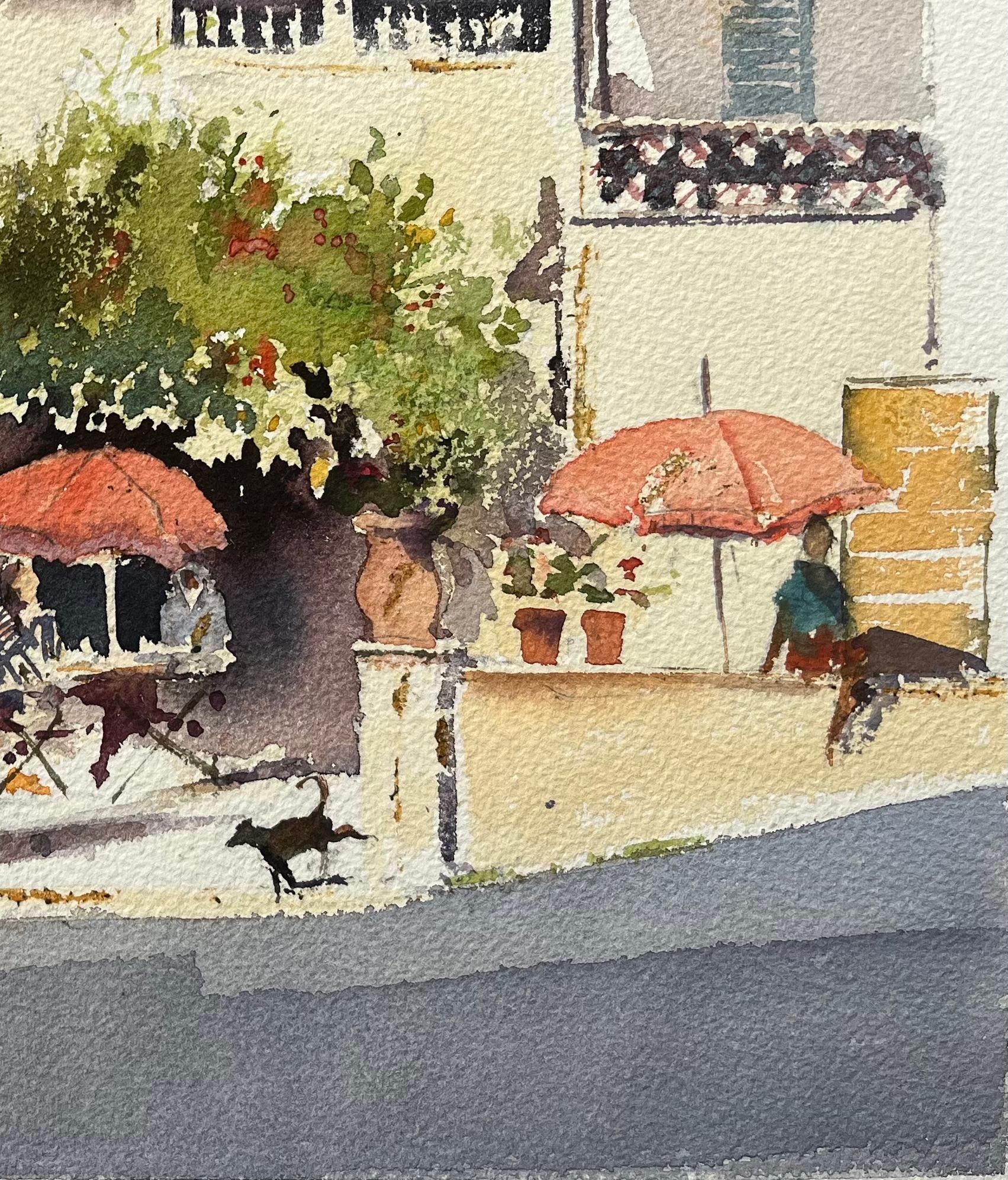 British Impressionist Watercolor of Terrace Café Scene with Red Umbrellas For Sale 1