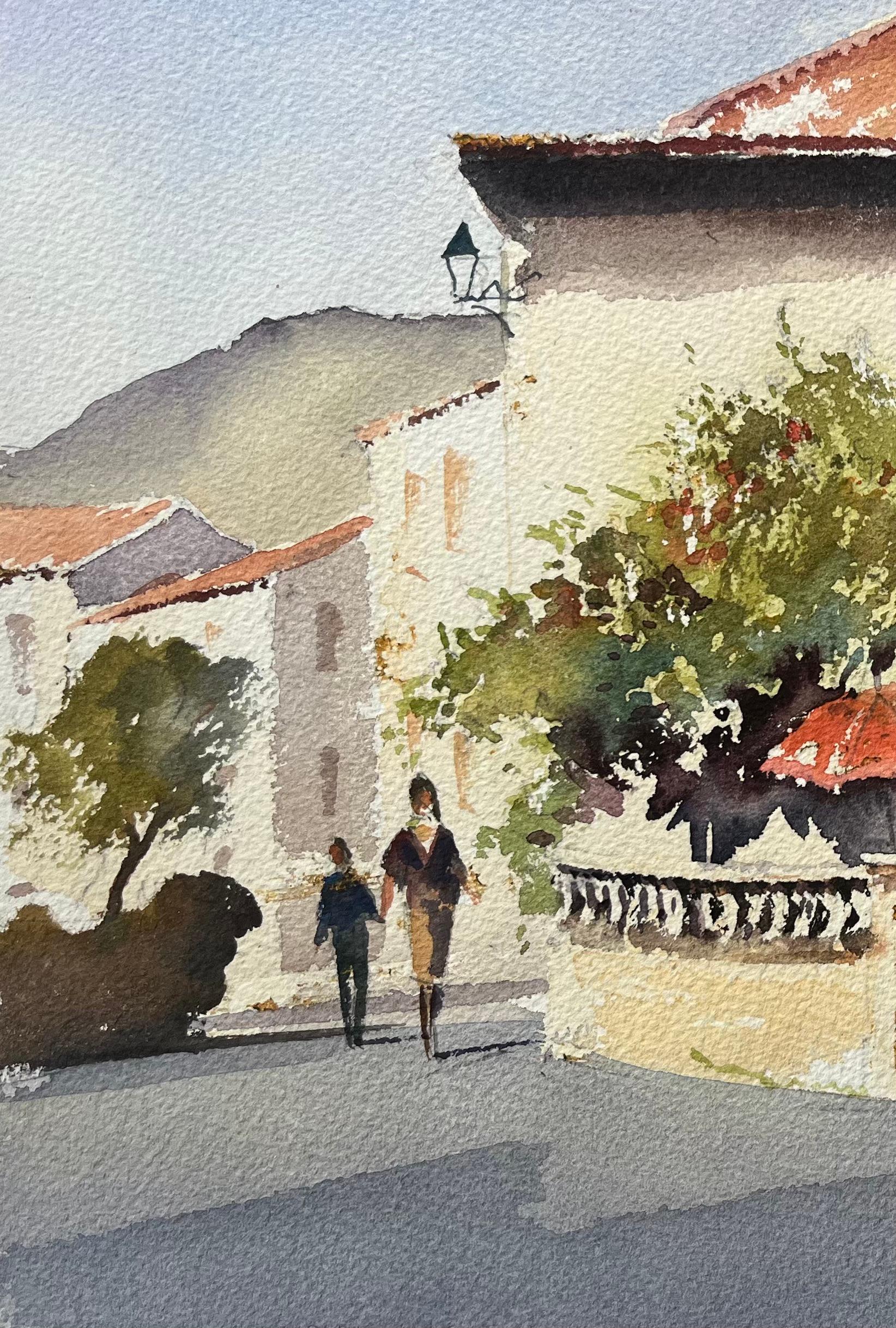 British Impressionist Watercolor of Terrace Café Scene with Red Umbrellas For Sale 2