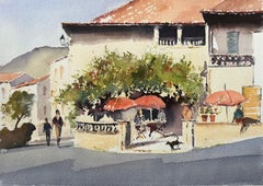 Aquarelle impressionniste britannique d'une scène de café en terrasse avec des parapluies rouges