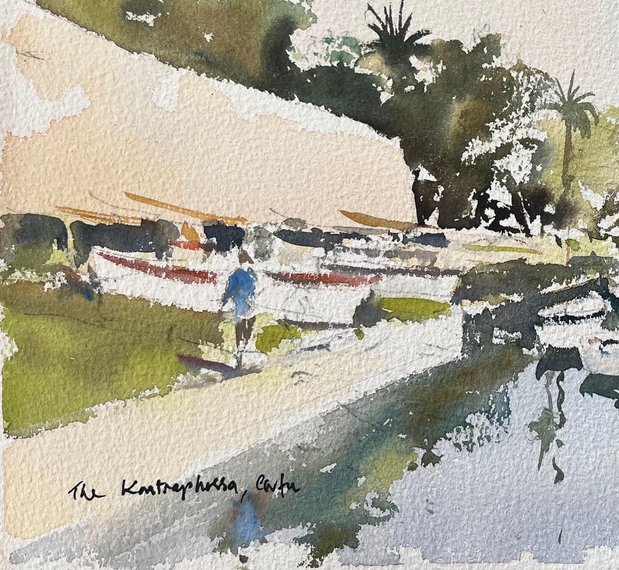 Acquerello impressionista britannico del Canale di Kontophossa, Corfù - Painting di Anthony Avery