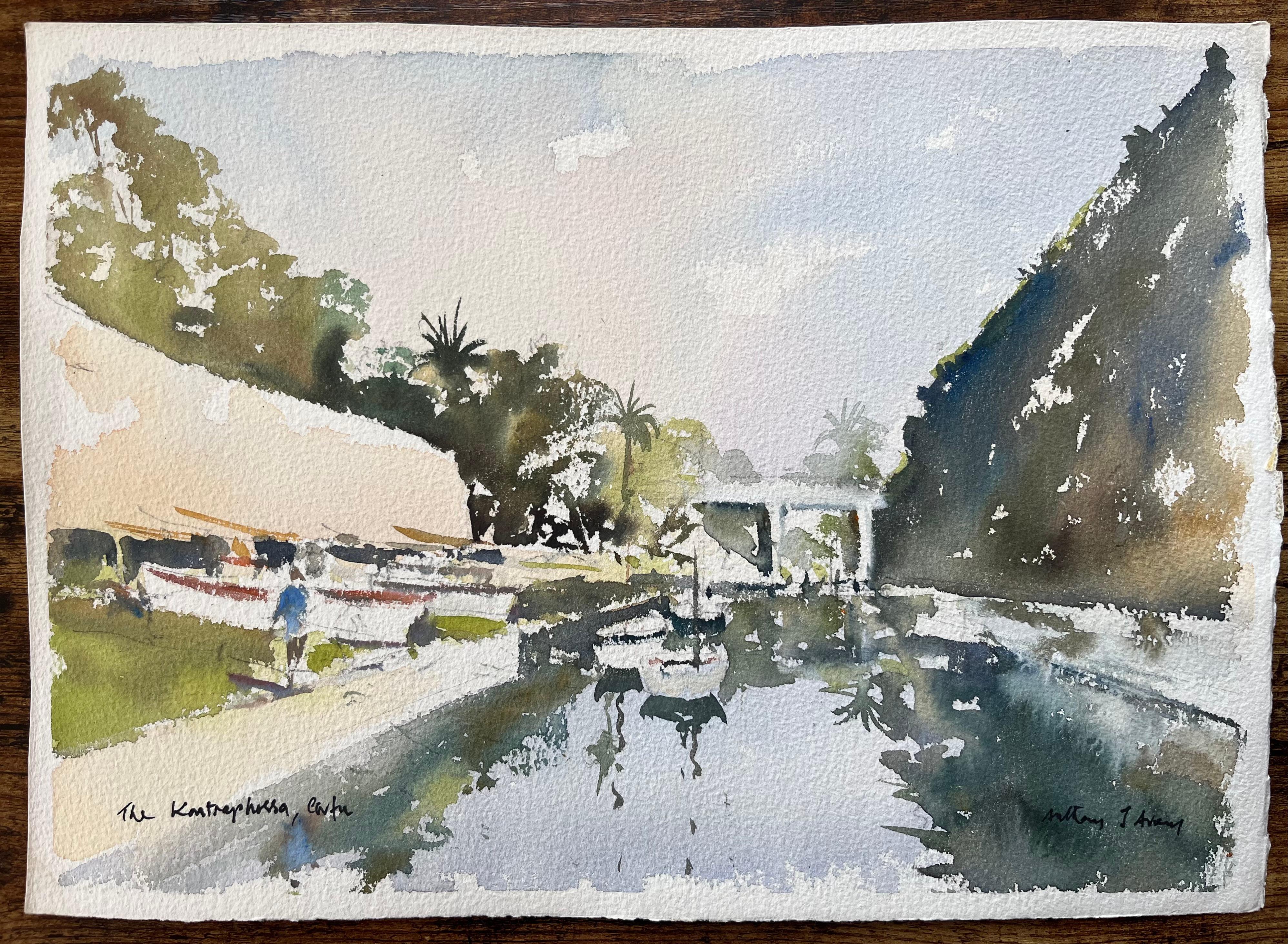 Acquerello impressionista britannico del Canale di Kontophossa, Corfù - Painting Impressionismo di Anthony Avery