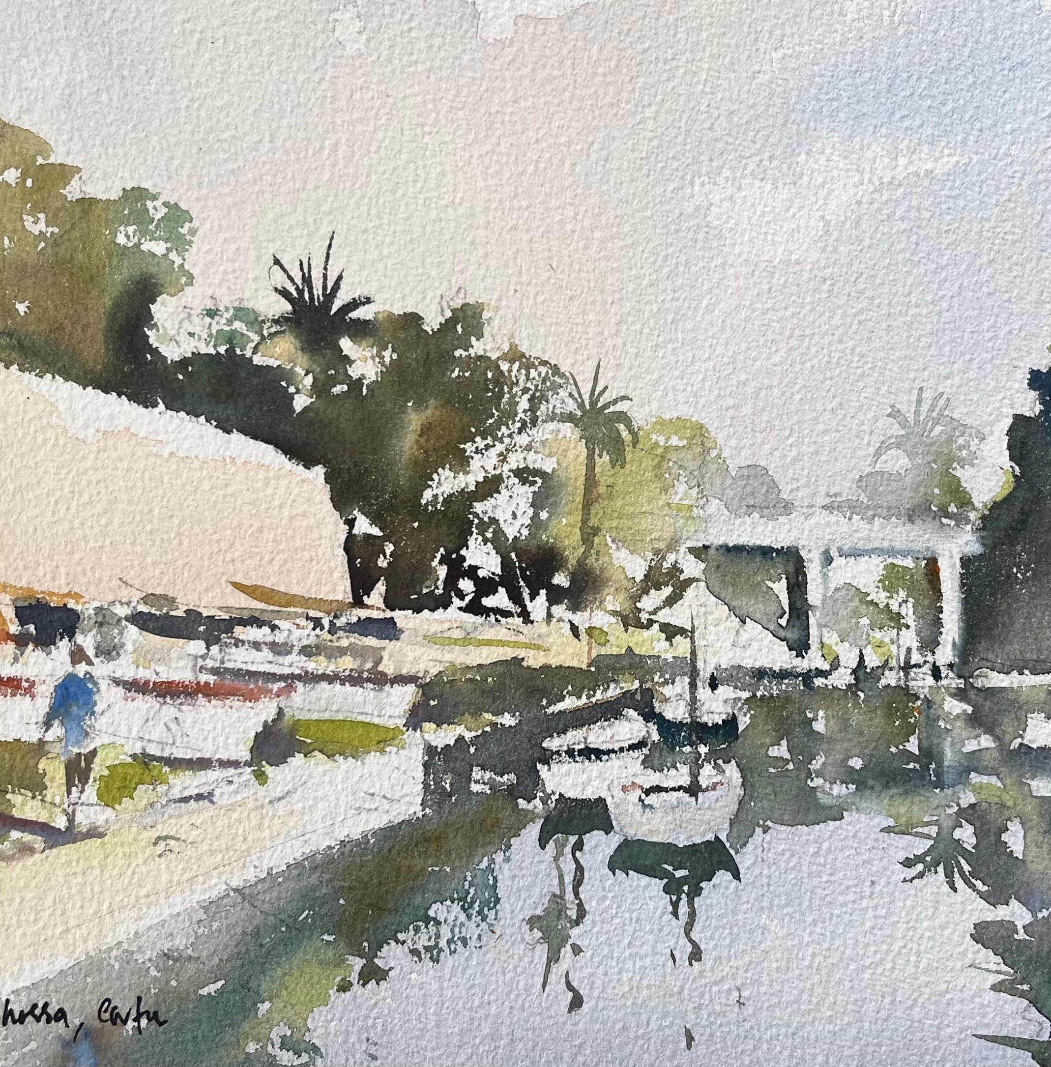 Acquerello impressionista britannico del Canale di Kontophossa, Corfù - Landscape Painting Grigio di Anthony Avery