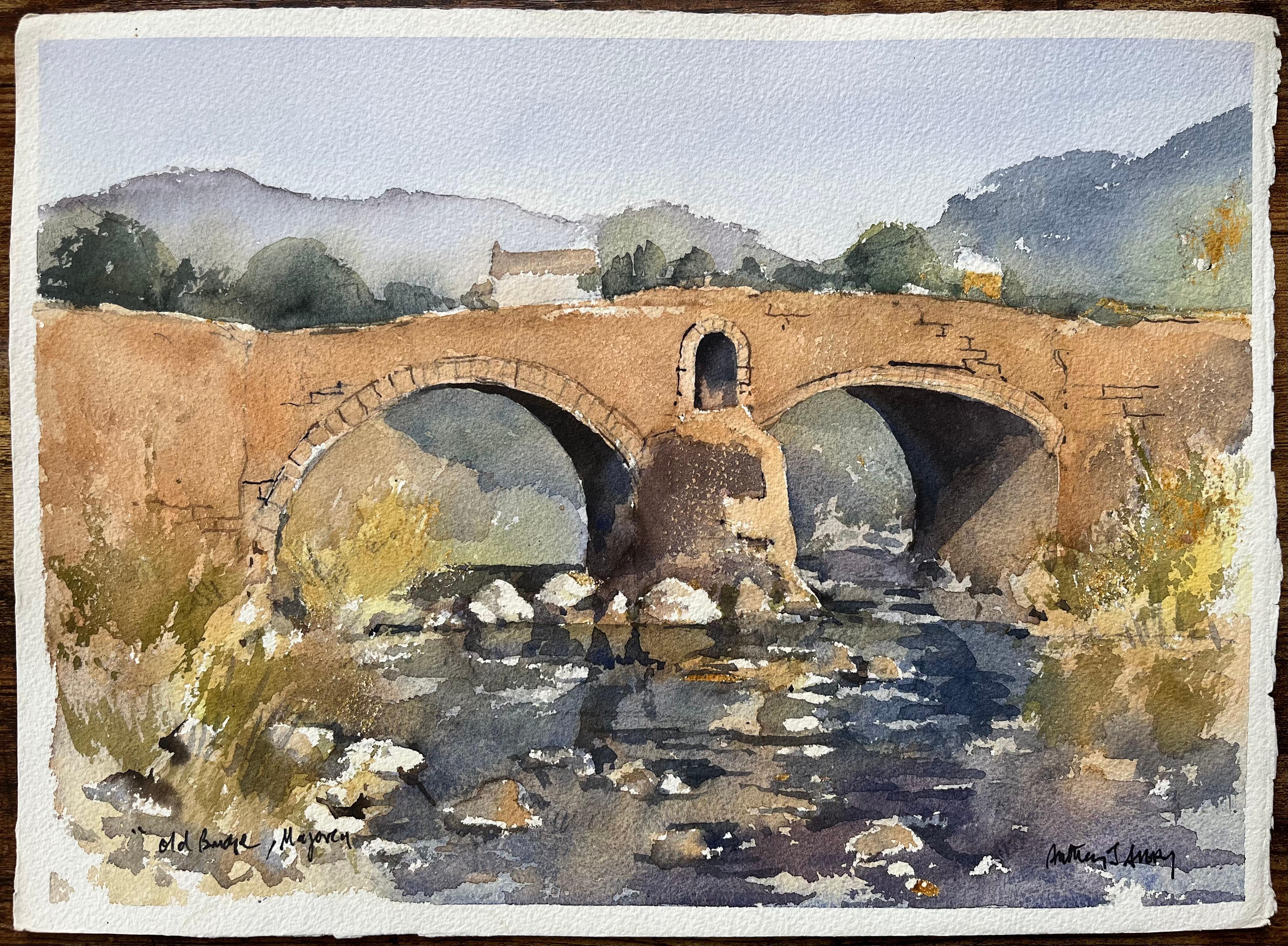 Acquerello impressionista britannico del Ponte Vecchio, Maiorca - Painting di Anthony Avery