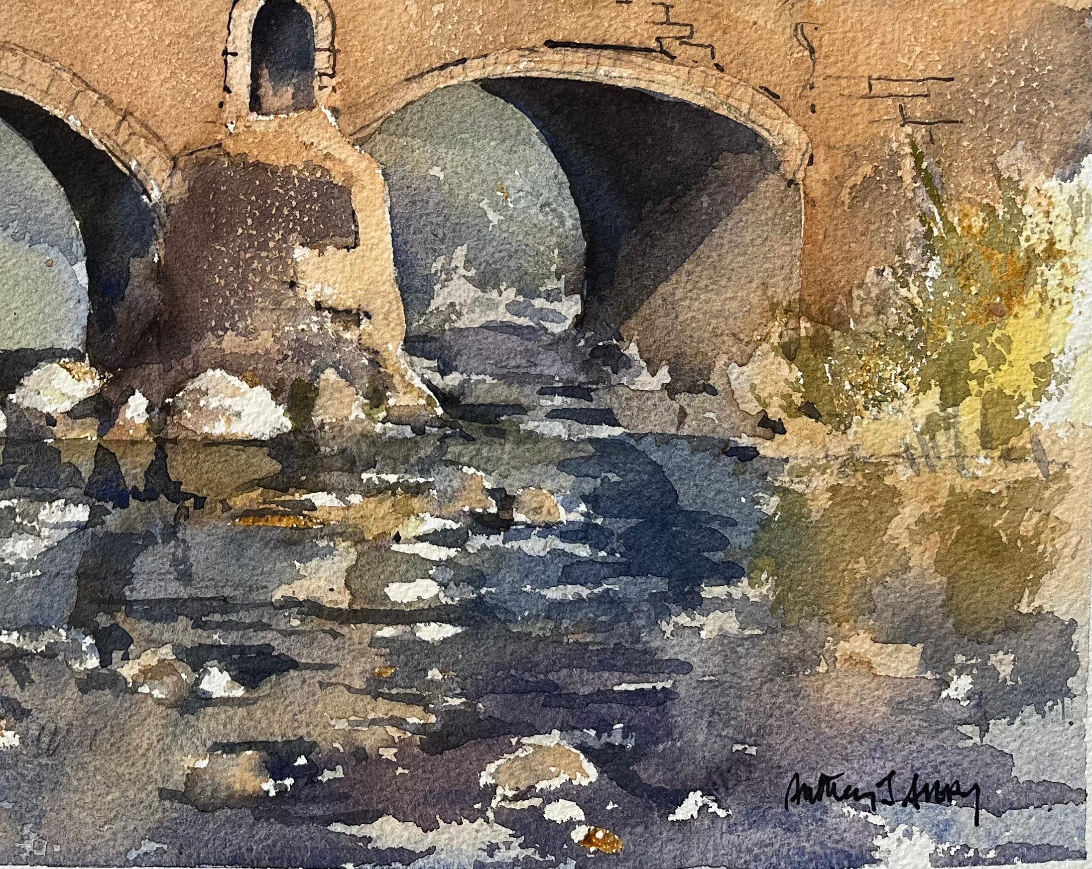 Acquerello impressionista britannico del Ponte Vecchio, Maiorca - Painting Impressionismo di Anthony Avery