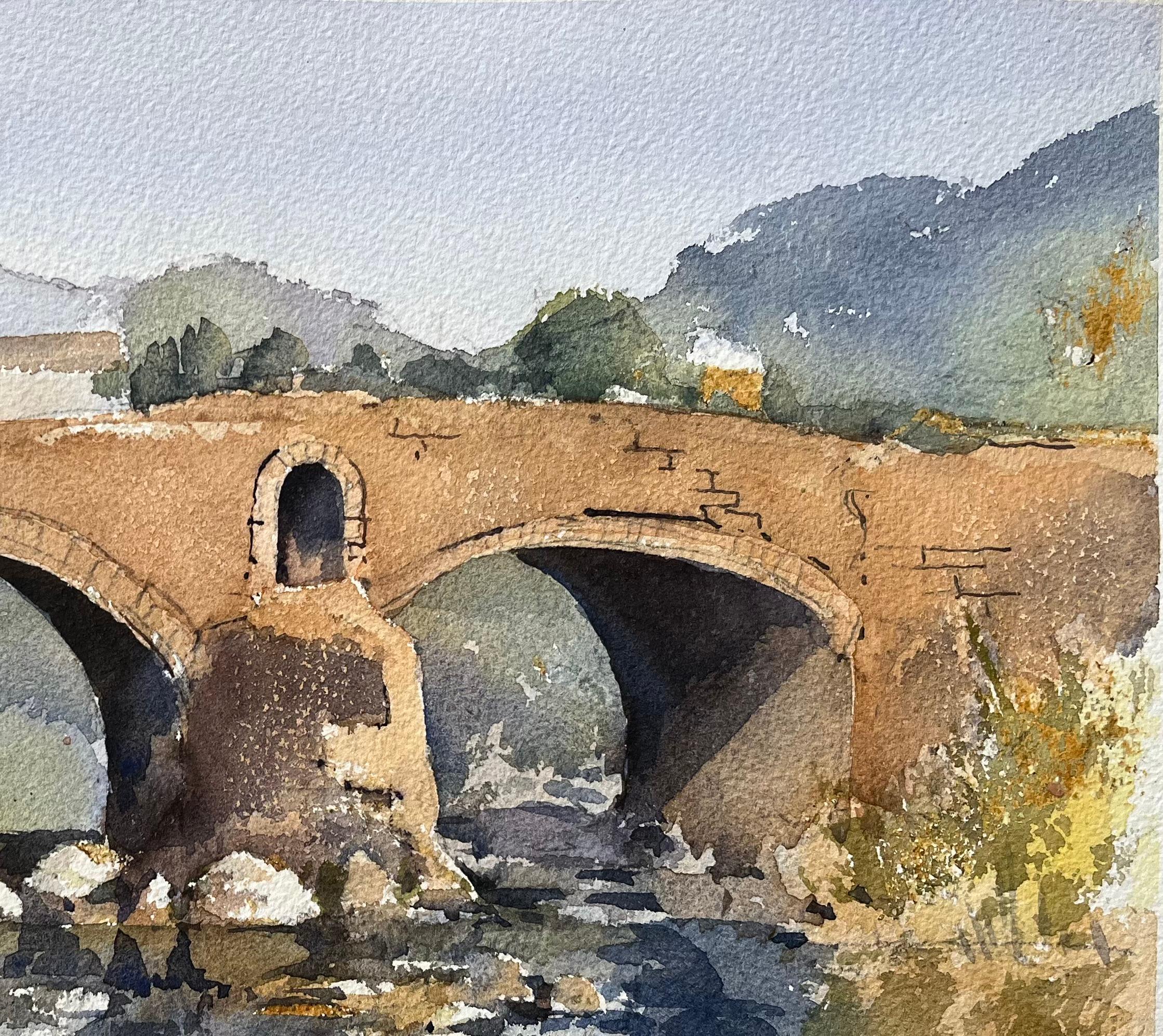 Acquerello impressionista britannico del Ponte Vecchio, Maiorca - Landscape Painting Marrone di Anthony Avery