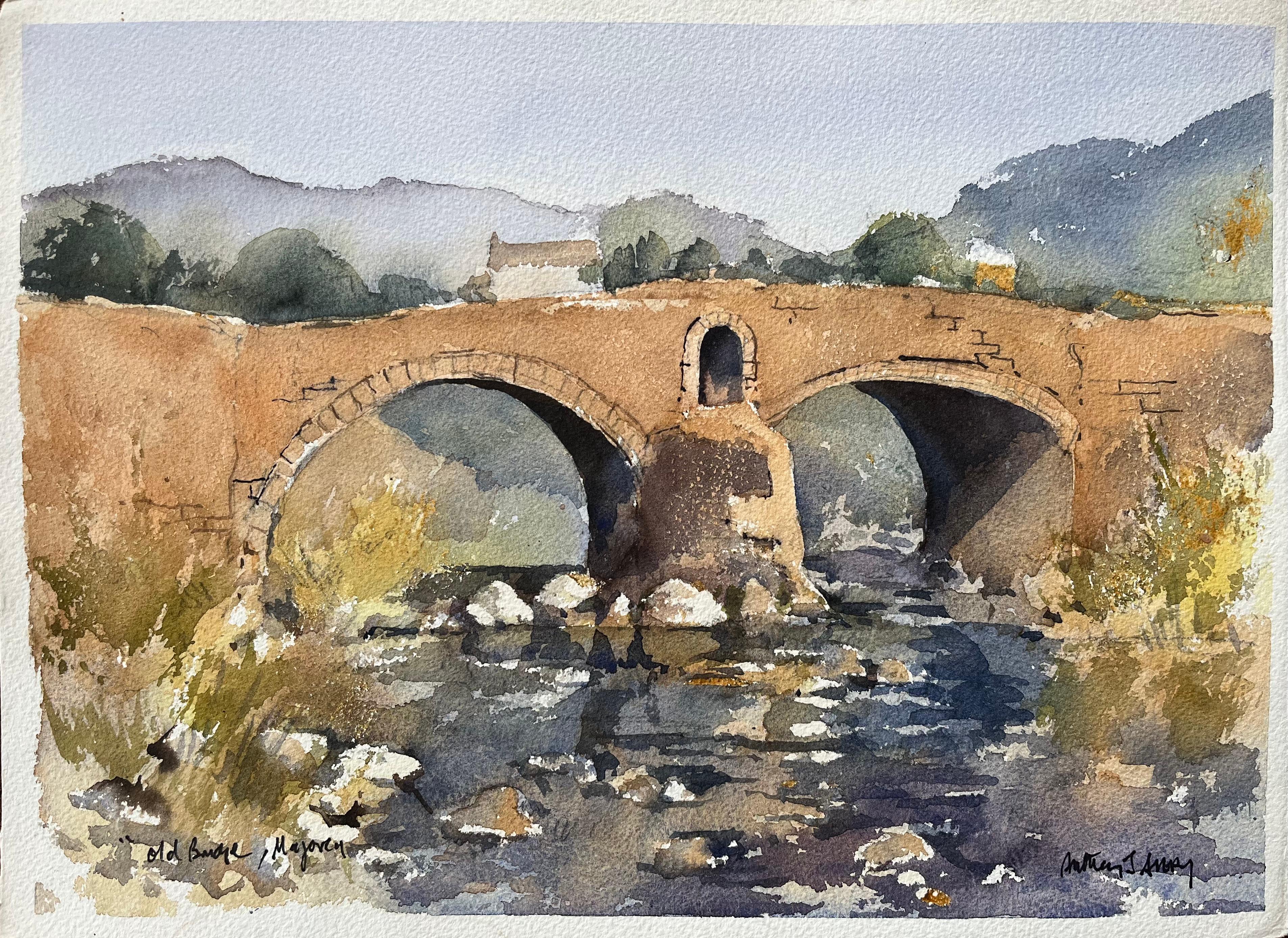 Landscape Painting di Anthony Avery - Acquerello impressionista britannico del Ponte Vecchio, Maiorca