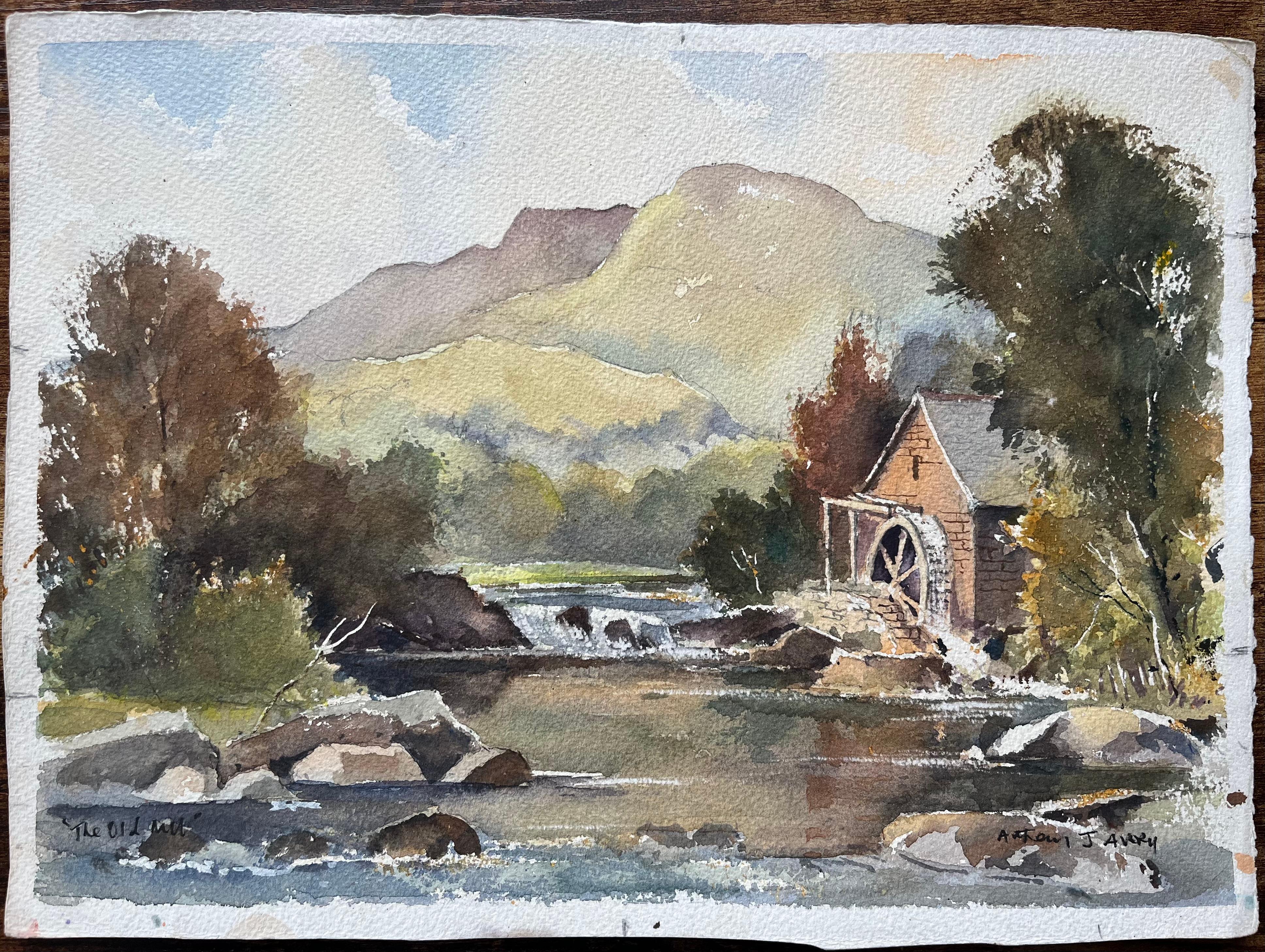 Aquarelle impressionniste britannique représentant The Old Mill by the River and Rolling Hills (Le vieux moulin près de la rivière et des collines) - Painting de Anthony Avery
