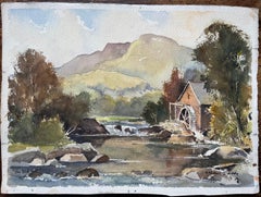 British Impressionist Watercolor of The Old Mill by the River and Rolling Hills