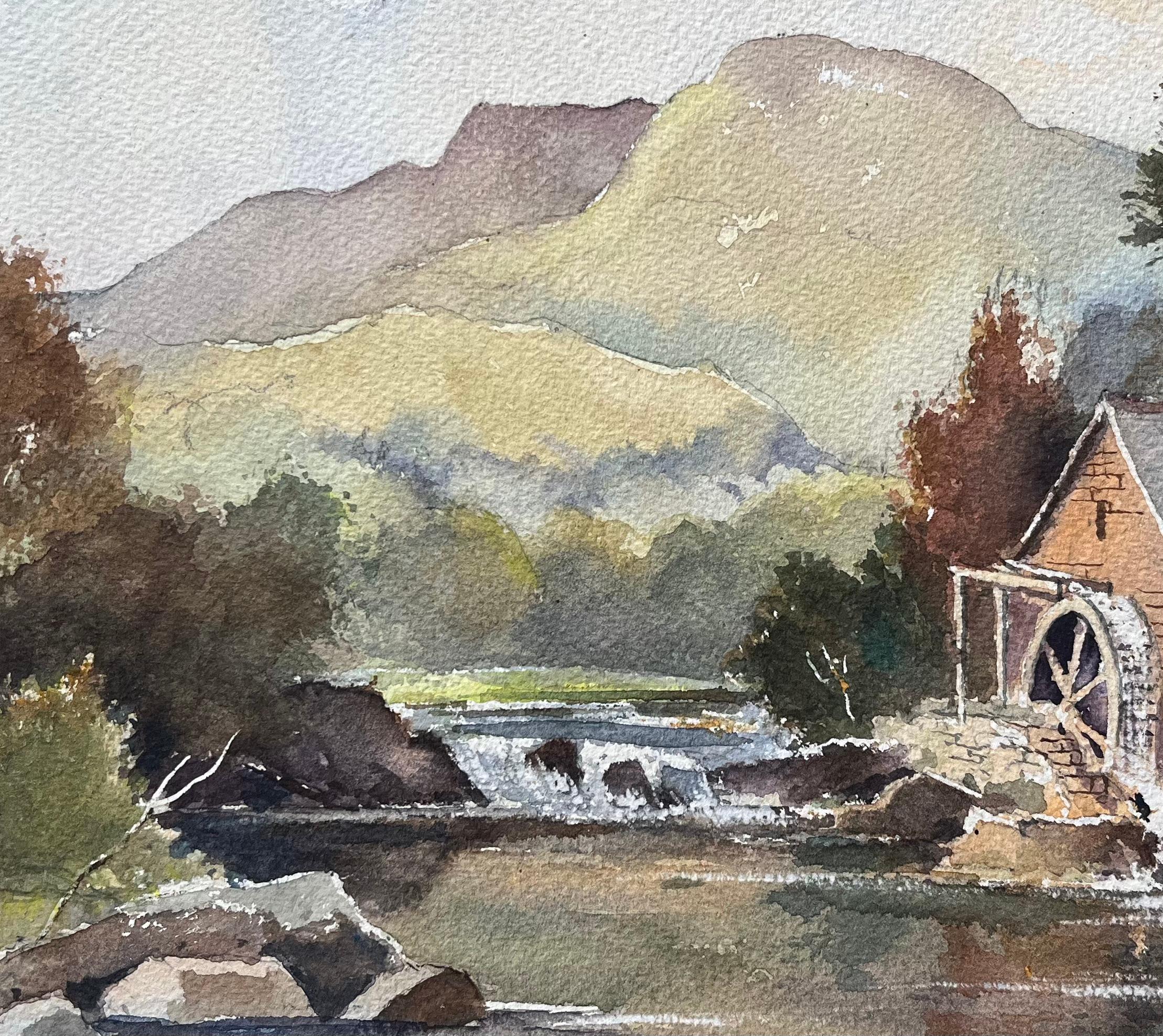 Aquarelle impressionniste britannique représentant The Old Mill by the River and Rolling Hills (Le vieux moulin près de la rivière et des collines) en vente 2