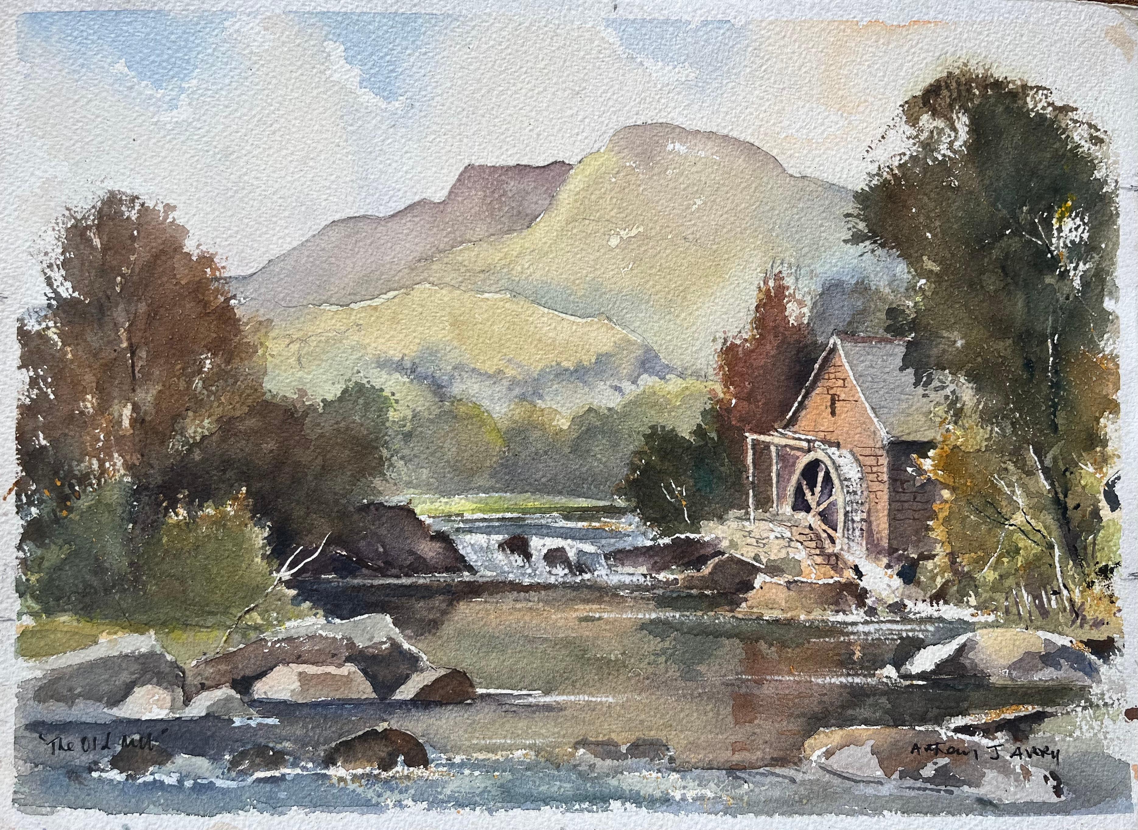 Aquarelle impressionniste britannique représentant The Old Mill by the River and Rolling Hills (Le vieux moulin près de la rivière et des collines)