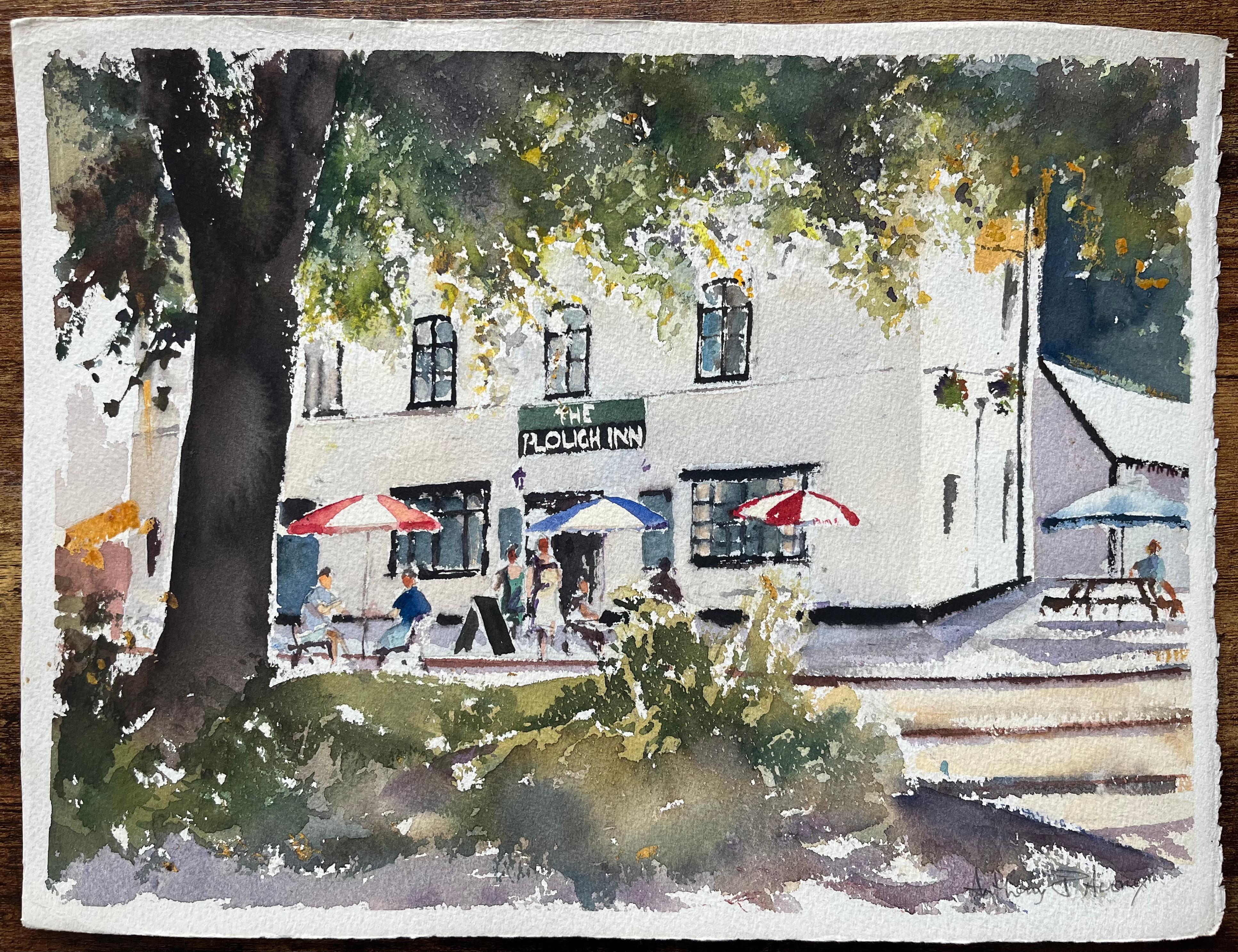British Impressionist Watercolor of The Plough Inn with Seating and Figures - Painting by Anthony Avery
