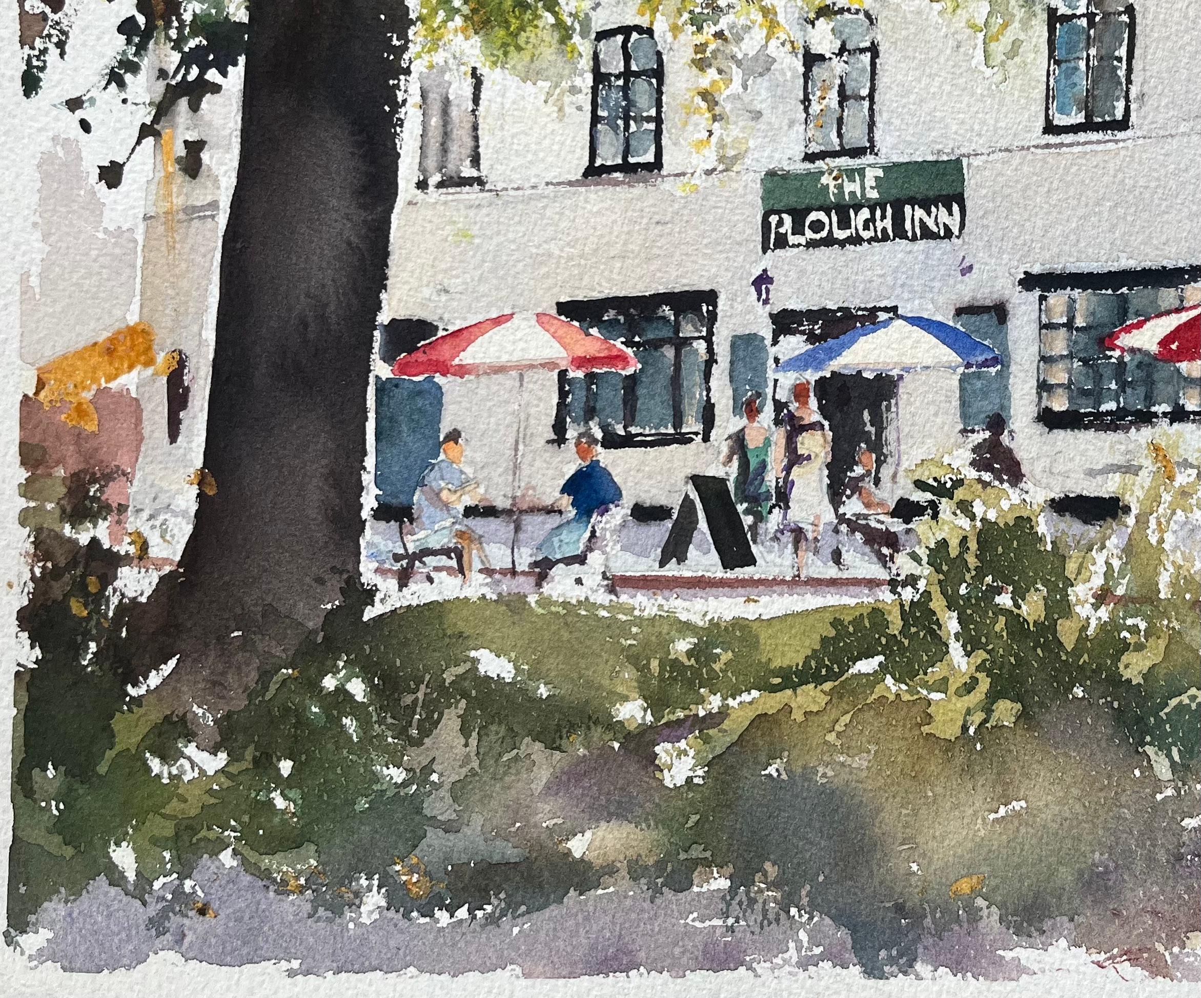 British Impressionist Watercolor of The Plough Inn with Seating and Figures - Gray Landscape Painting by Anthony Avery