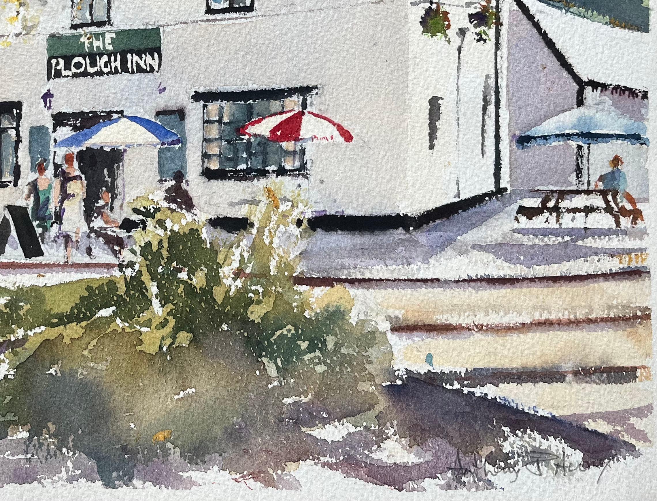 Title: British Impressionist Watercolor of The Plough Inn with Seating and Figures
By Anthony Avery (British 1946-2023)
Original watercolor on artists paper, unframed
Signed: Yes
Dimensions: 11.25 x 15 inches (Height x Width)
Condition: Good, with