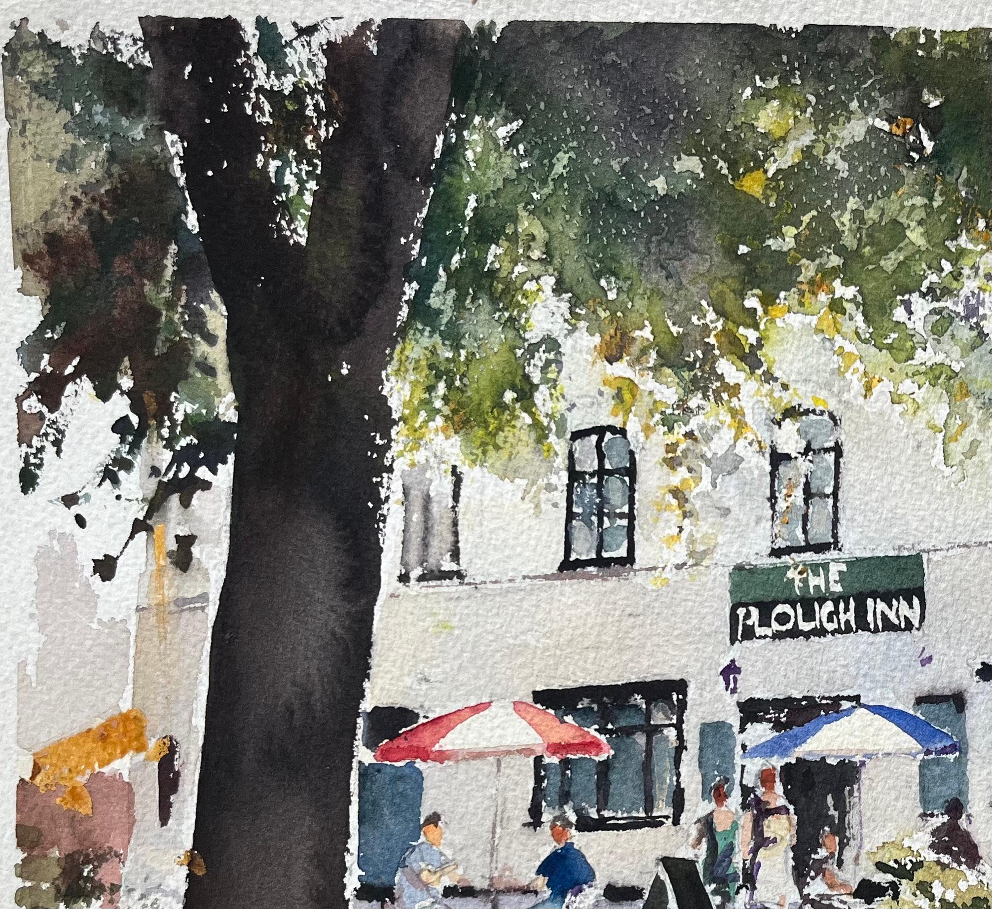 British Impressionist Watercolor of The Plough Inn with Seating and Figures For Sale 1