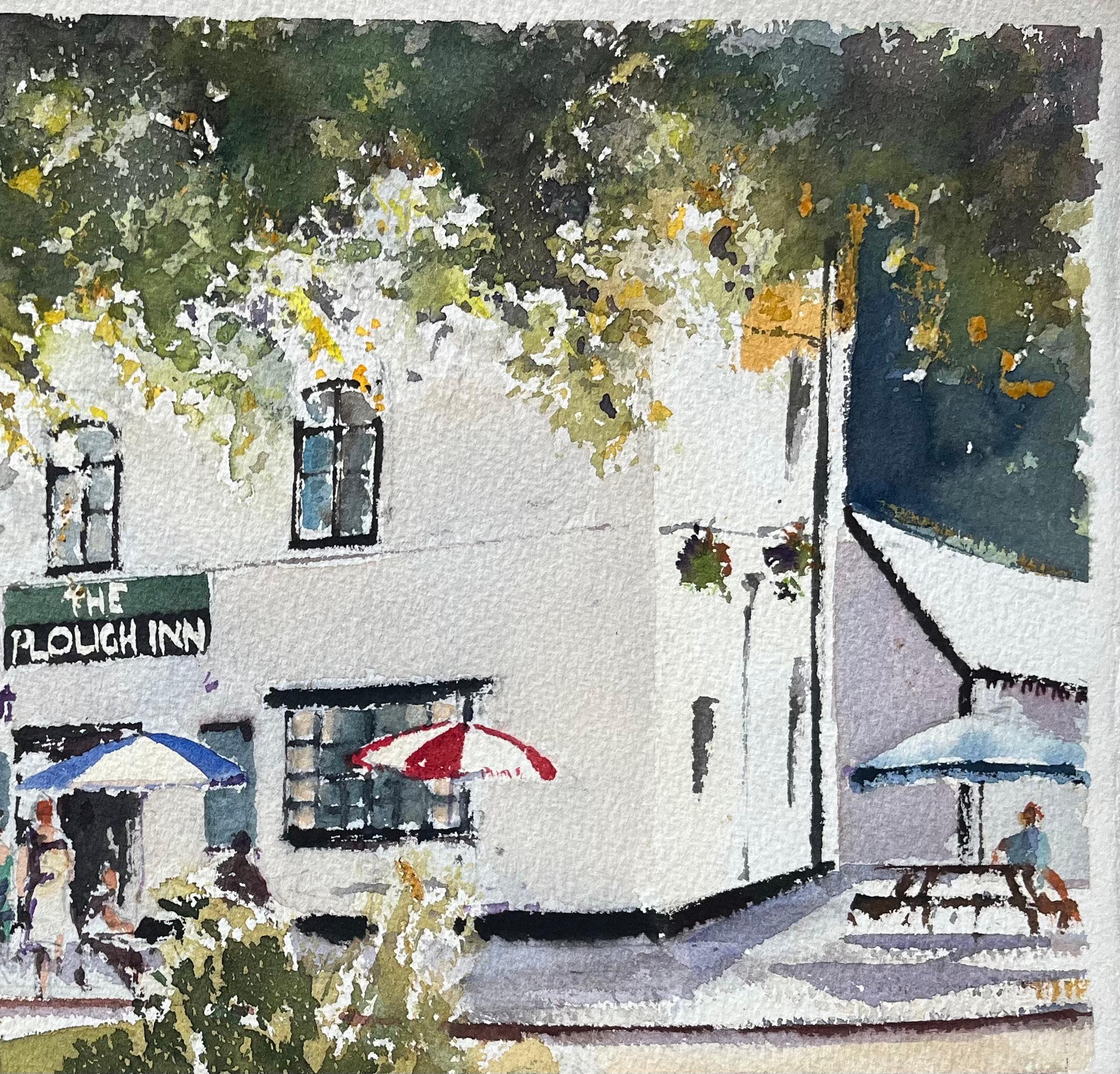 British Impressionist Watercolor of The Plough Inn with Seating and Figures For Sale 2