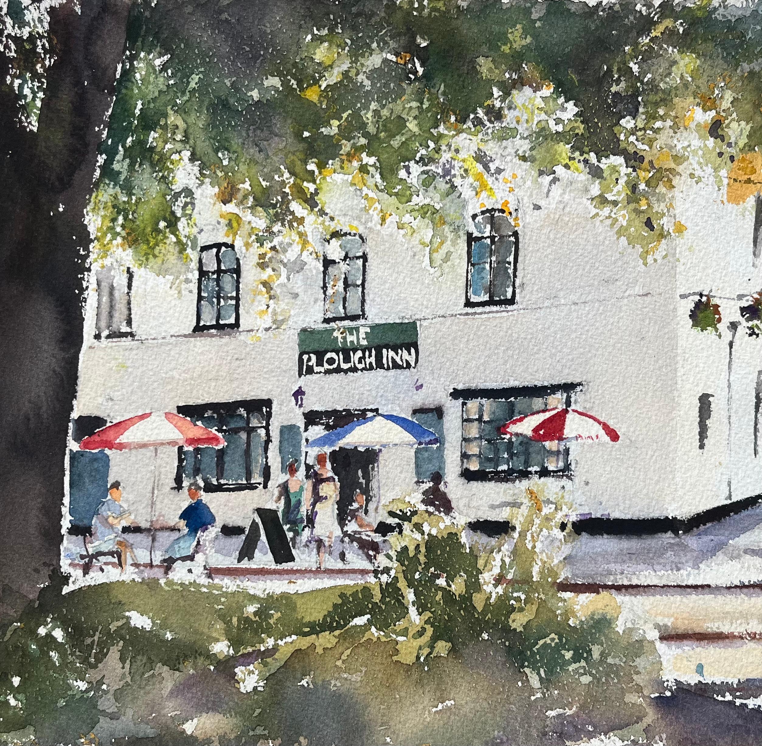 British Impressionist Watercolor of The Plough Inn with Seating and Figures For Sale 3