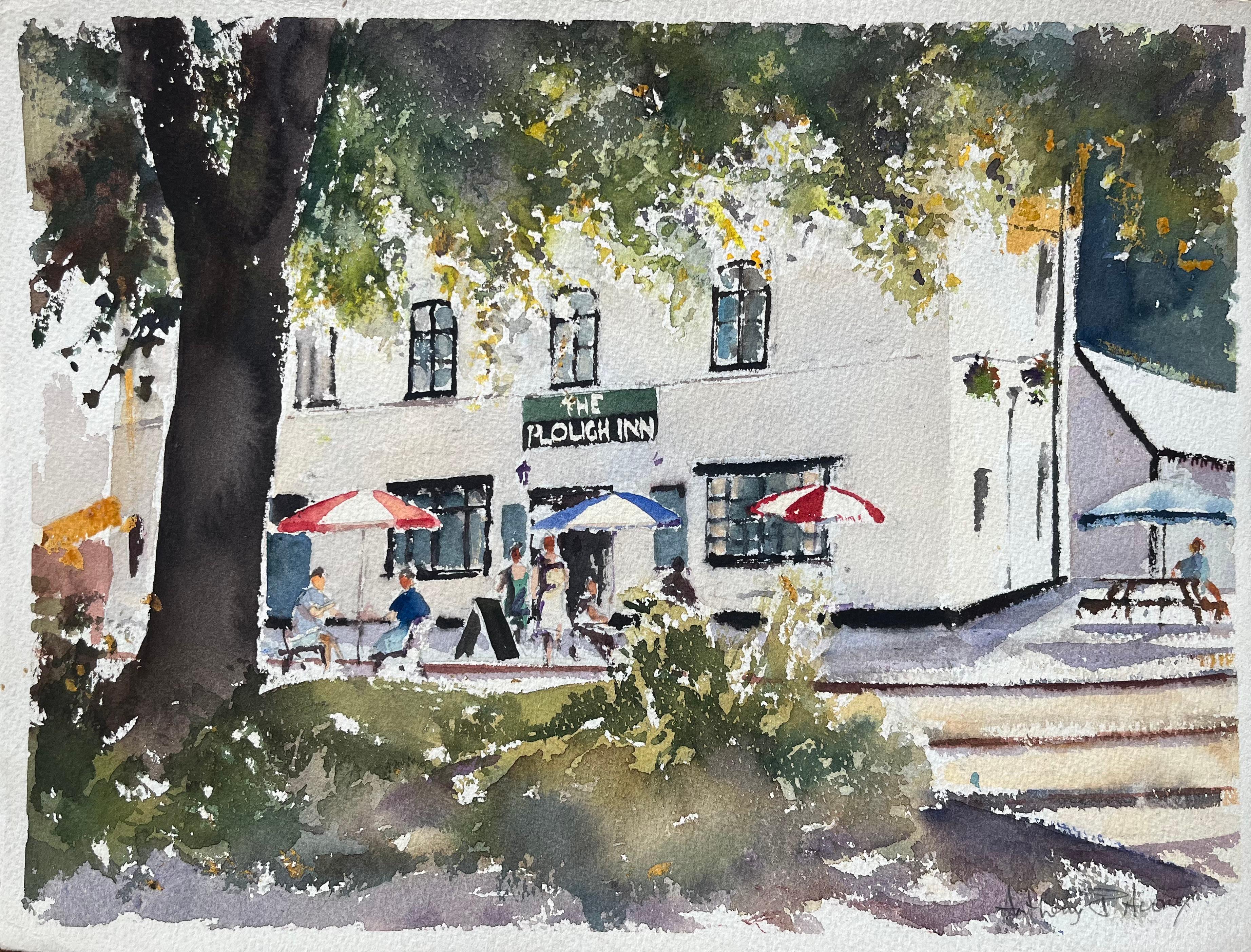 Anthony Avery Landscape Painting - British Impressionist Watercolor of The Plough Inn with Seating and Figures