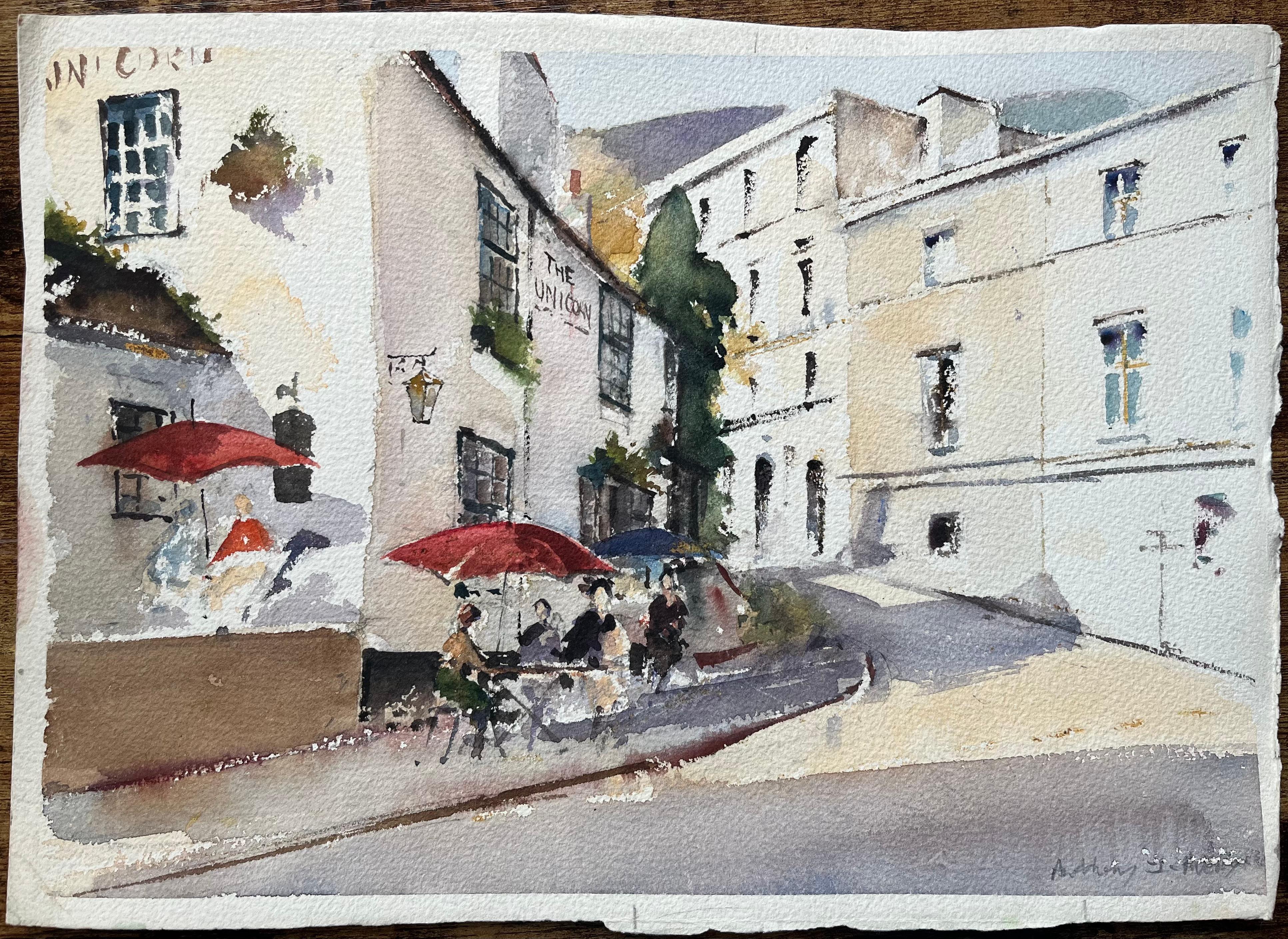 Acquerello impressionista britannico raffigurante la locanda dell'Unicorno e la scena del villaggio - Painting di Anthony Avery