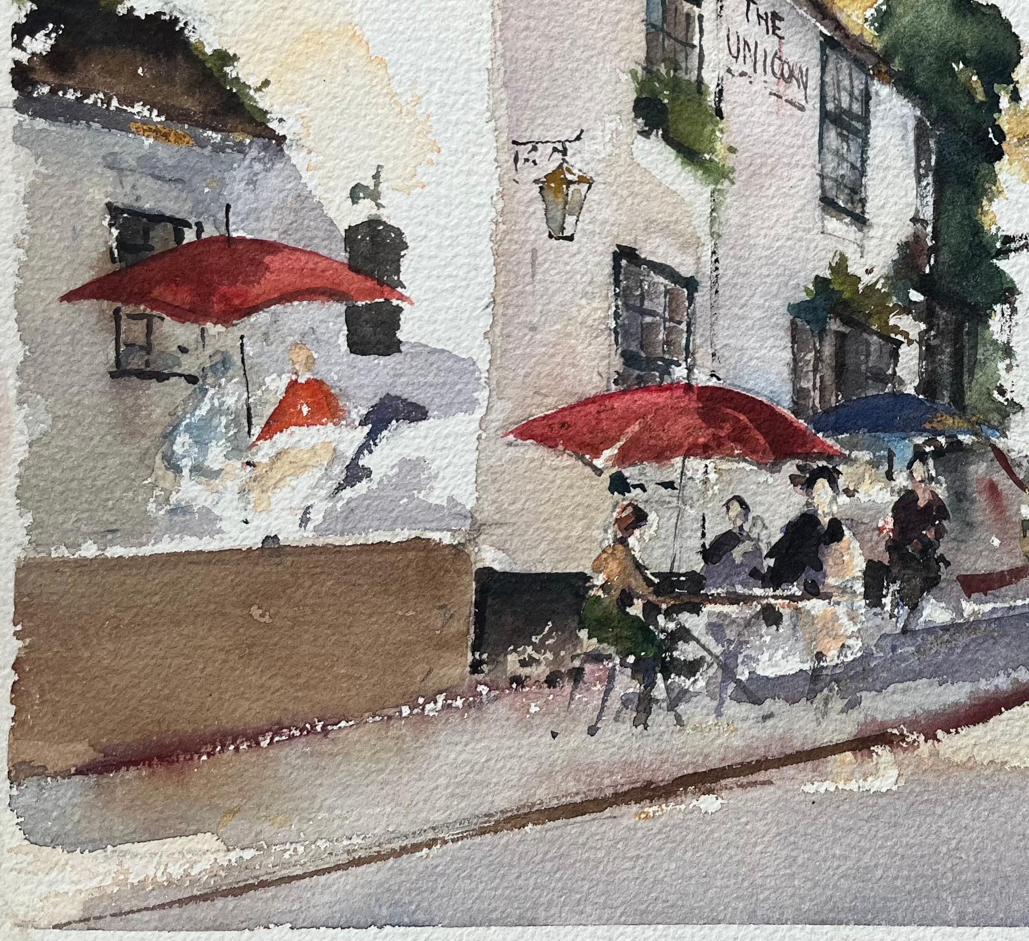 Acquerello impressionista britannico raffigurante la locanda dell'Unicorno e la scena del villaggio - Painting Impressionismo di Anthony Avery