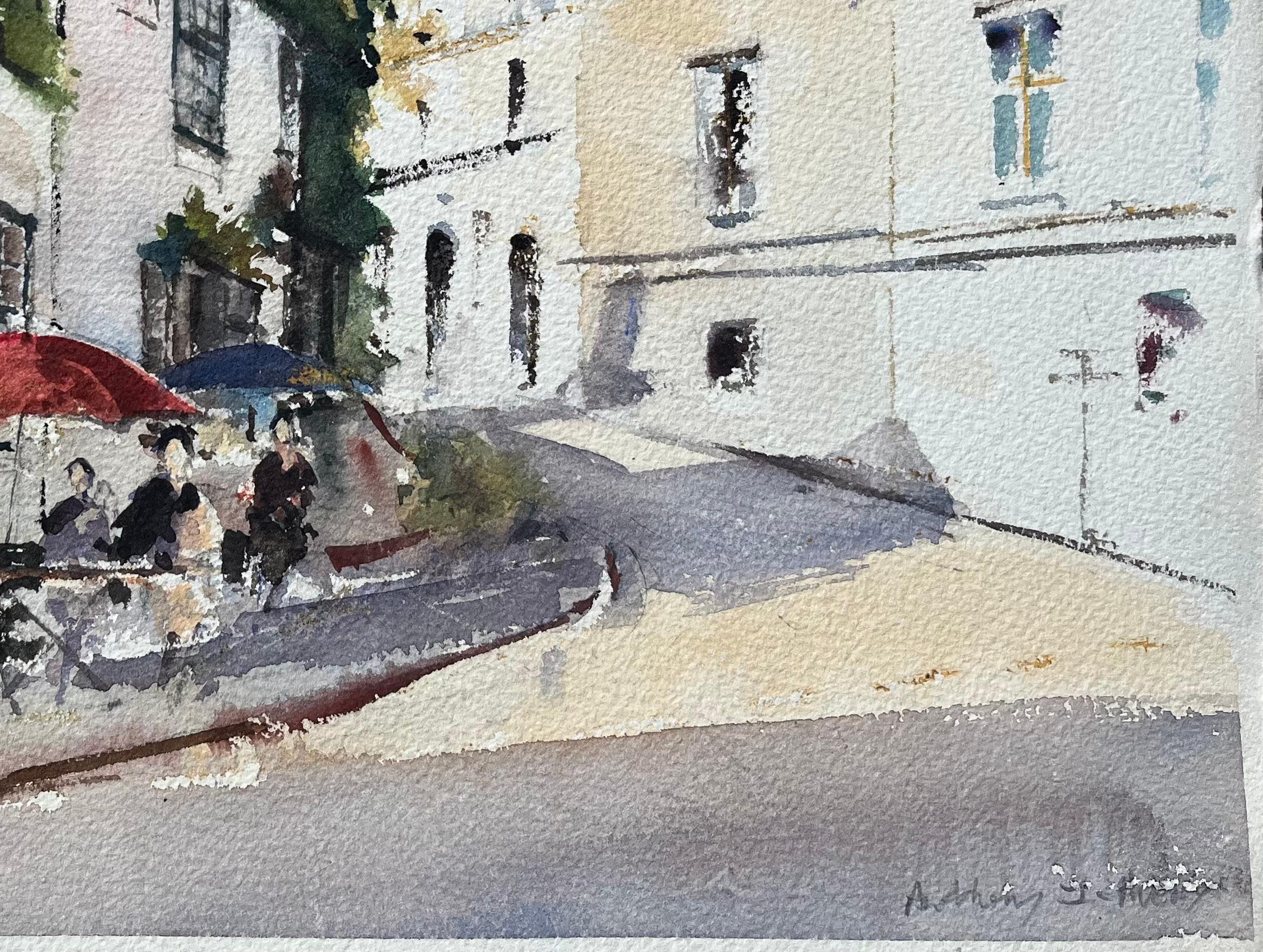 Acquerello impressionista britannico raffigurante la locanda dell'Unicorno e la scena del villaggio - Landscape Painting Grigio di Anthony Avery