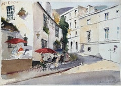 British Impressionist Watercolor of The Unicorn Inn and Village Scene