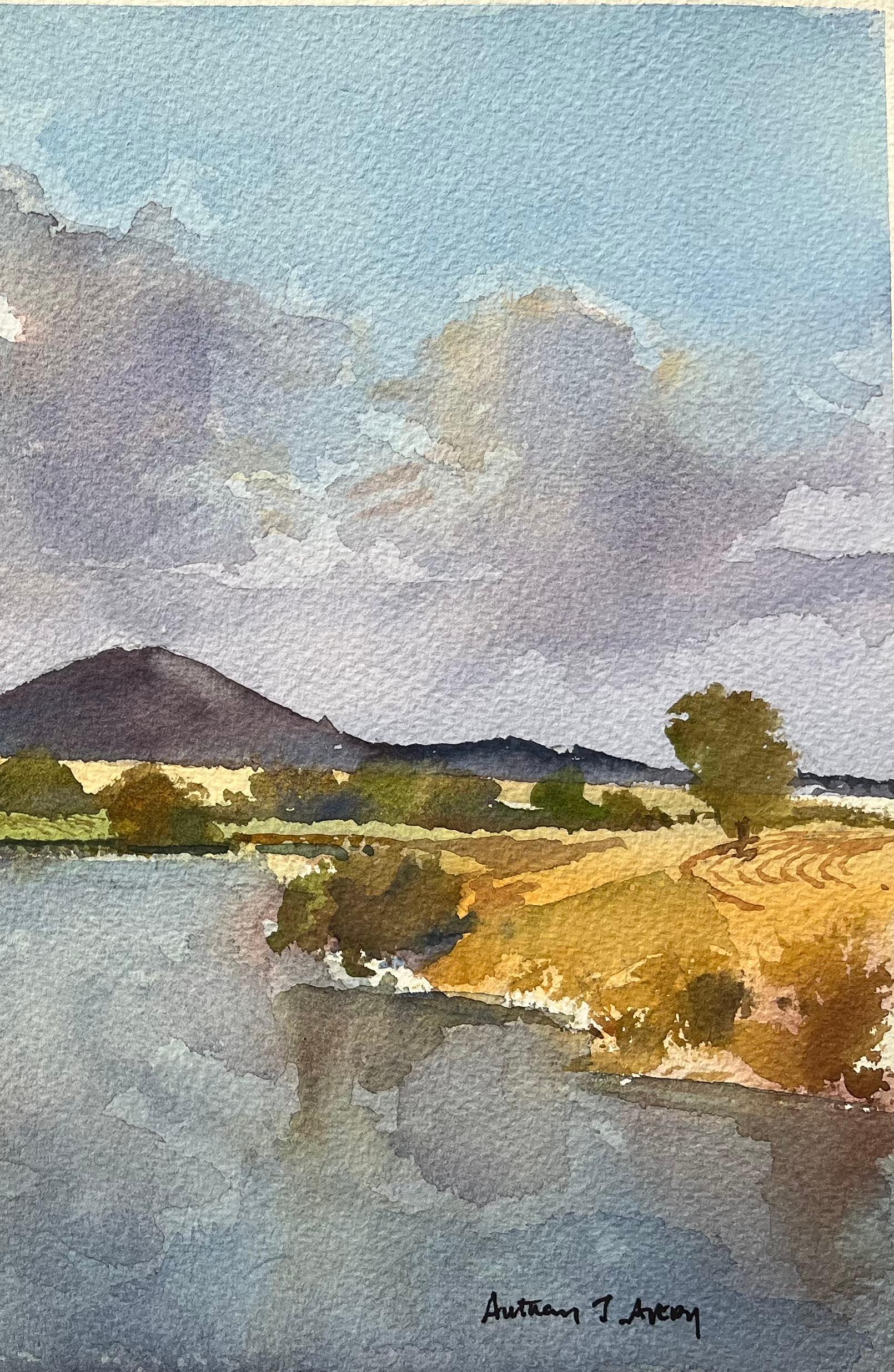 Britischer Impressionist Aquarell von The Wrekin und Flusslandschaft (Grau), Landscape Painting, von Anthony Avery