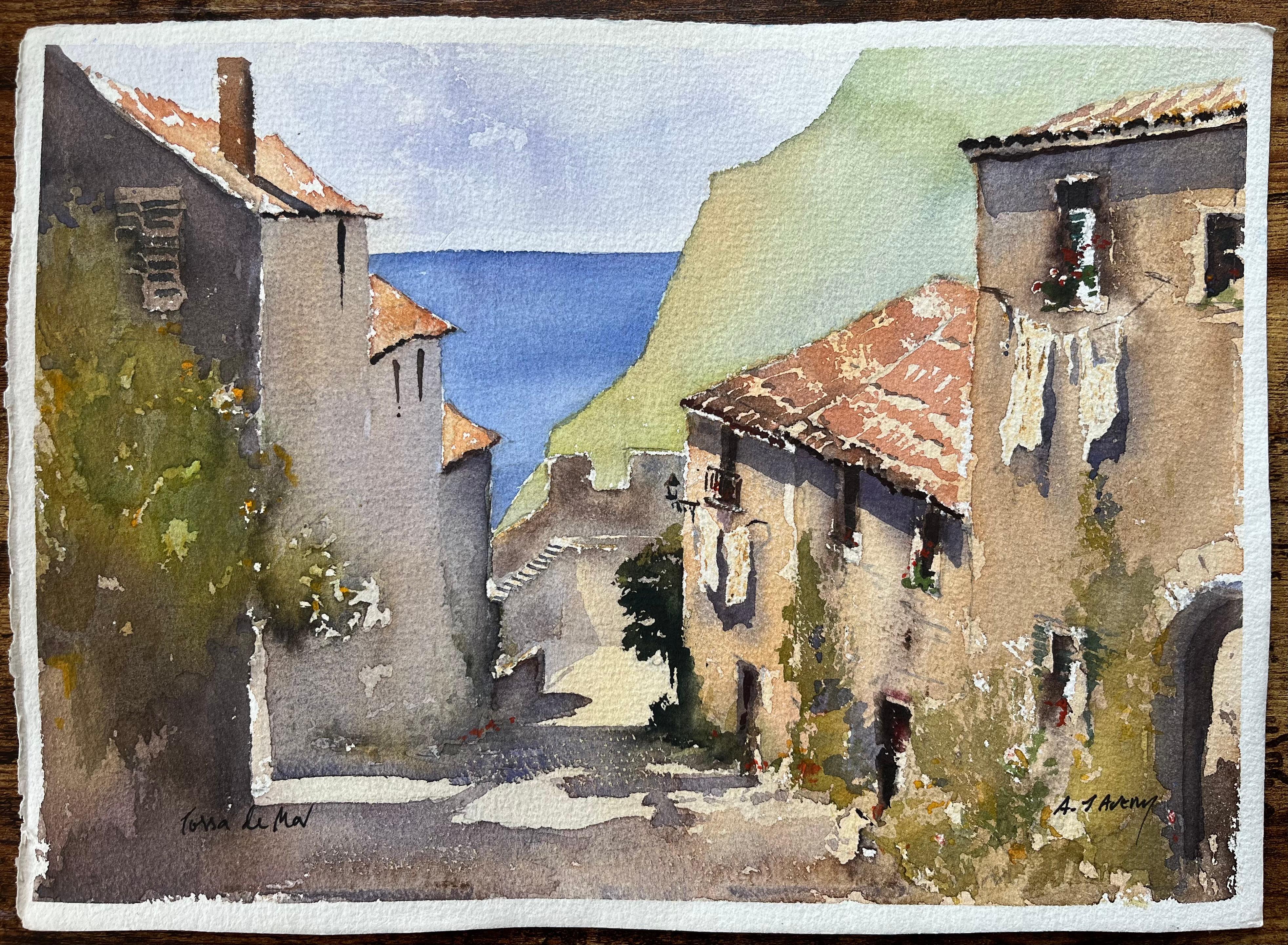 Britischer Impressionist Aquarell von Tossa de Mar Coastal Village Scene – Painting von Anthony Avery