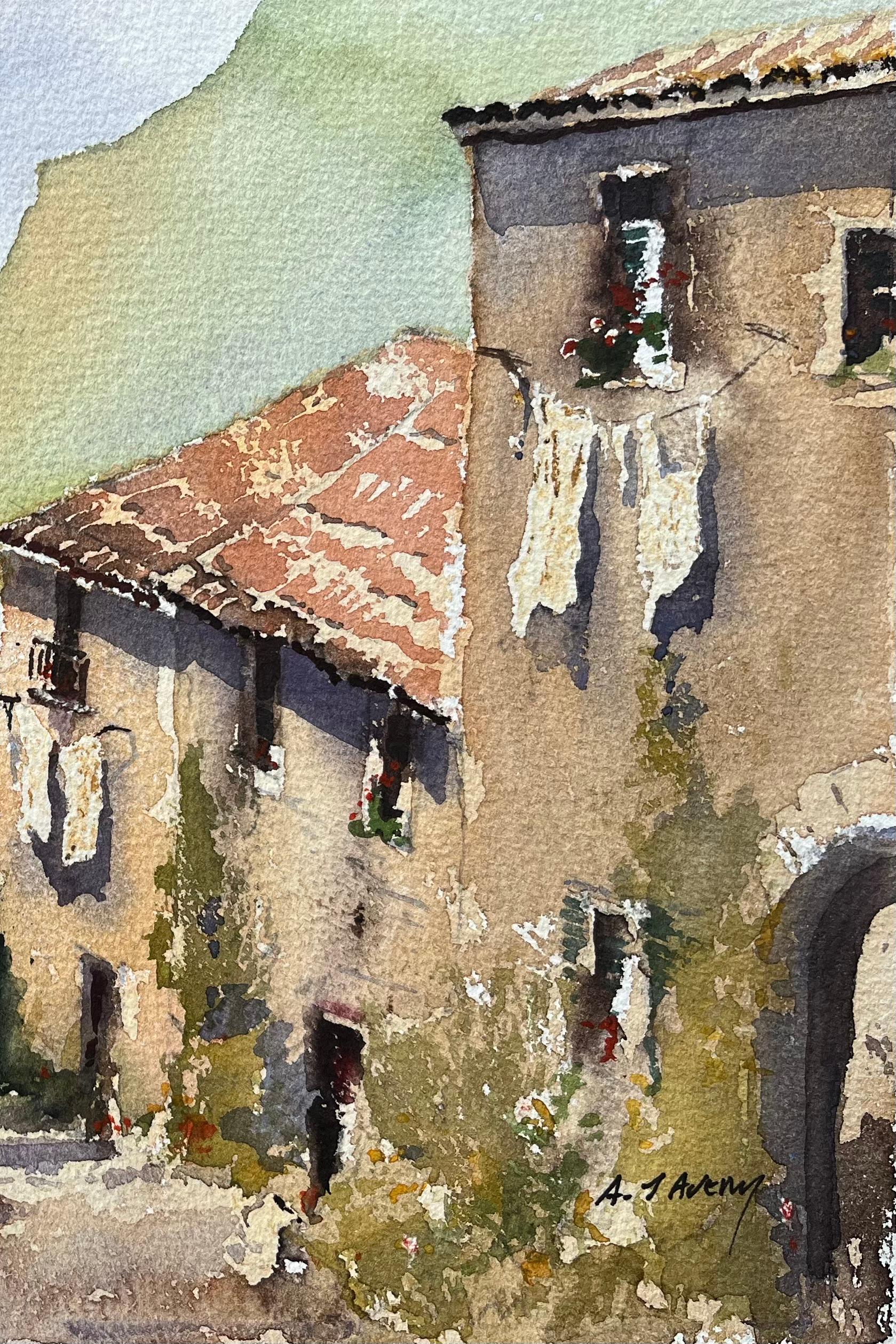 Britischer Impressionist Aquarell von Tossa de Mar Coastal Village Scene (Impressionismus), Painting, von Anthony Avery