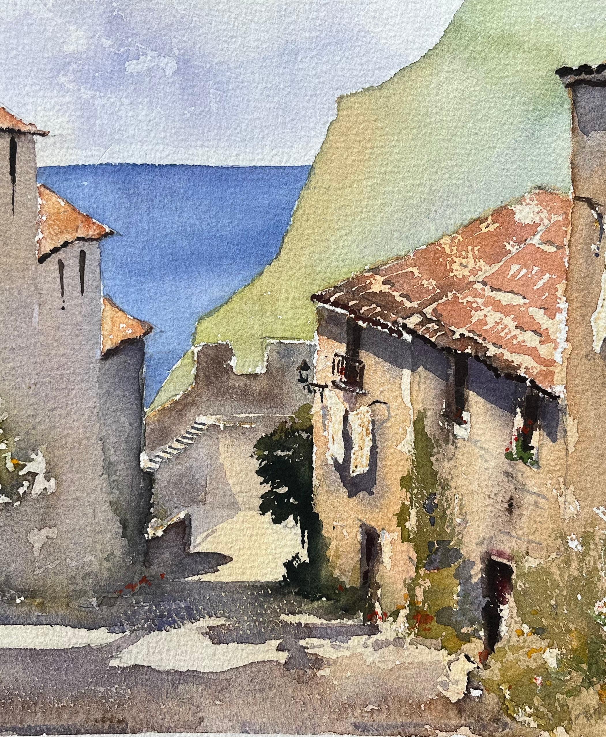 Britischer Impressionist Aquarell von Tossa de Mar Coastal Village Scene (Braun), Landscape Painting, von Anthony Avery