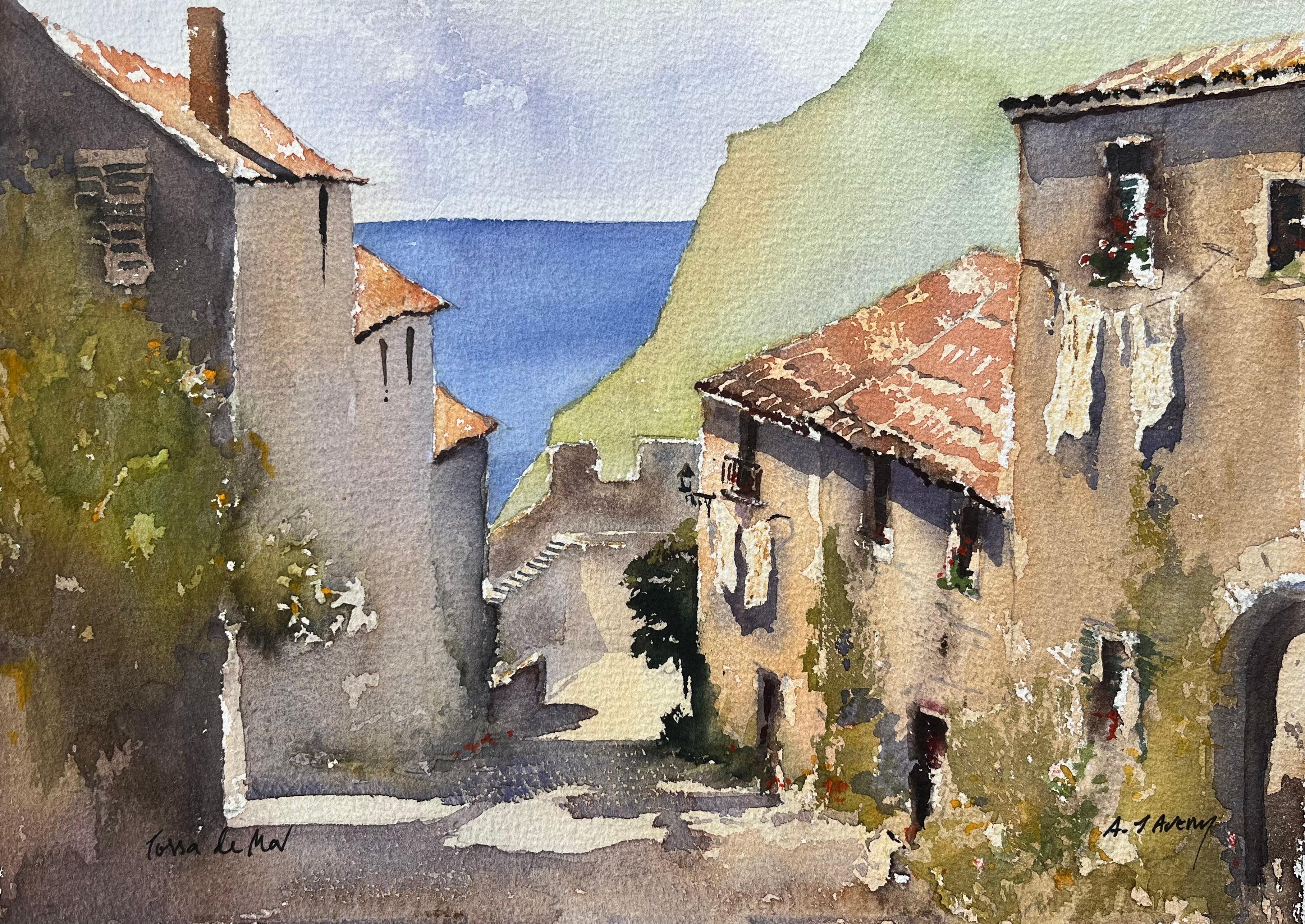 Britischer Impressionist Aquarell von Tossa de Mar Coastal Village Scene