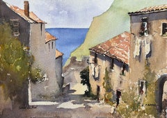 British Impressionist Watercolor of Tossa de Mar Coastal Village Scene