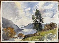 Acquerello impressionista britannico di un tranquillo paesaggio lacustre