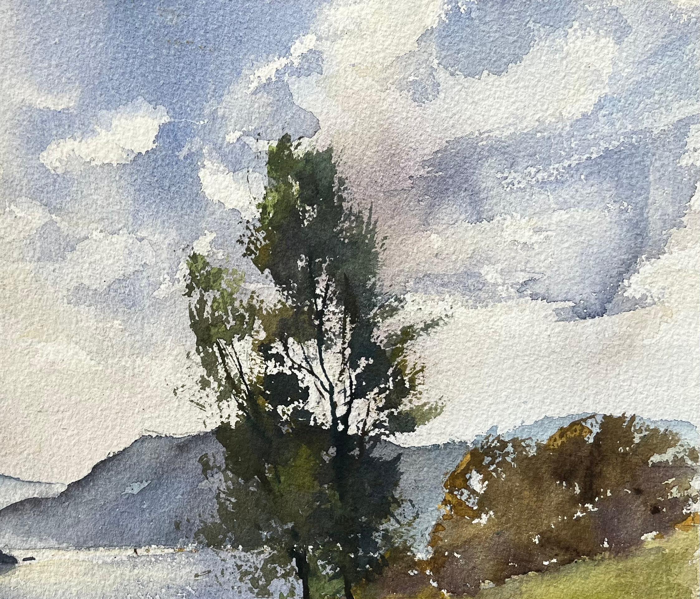 Acquerello impressionista britannico di un tranquillo paesaggio lacustre - Landscape Painting Grigio di Anthony Avery