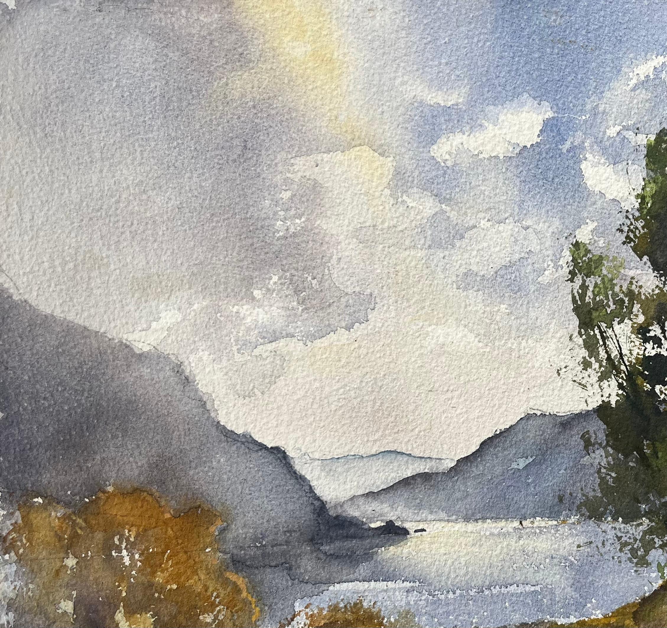Acquerello impressionista britannico di un tranquillo paesaggio lacustre in vendita 1