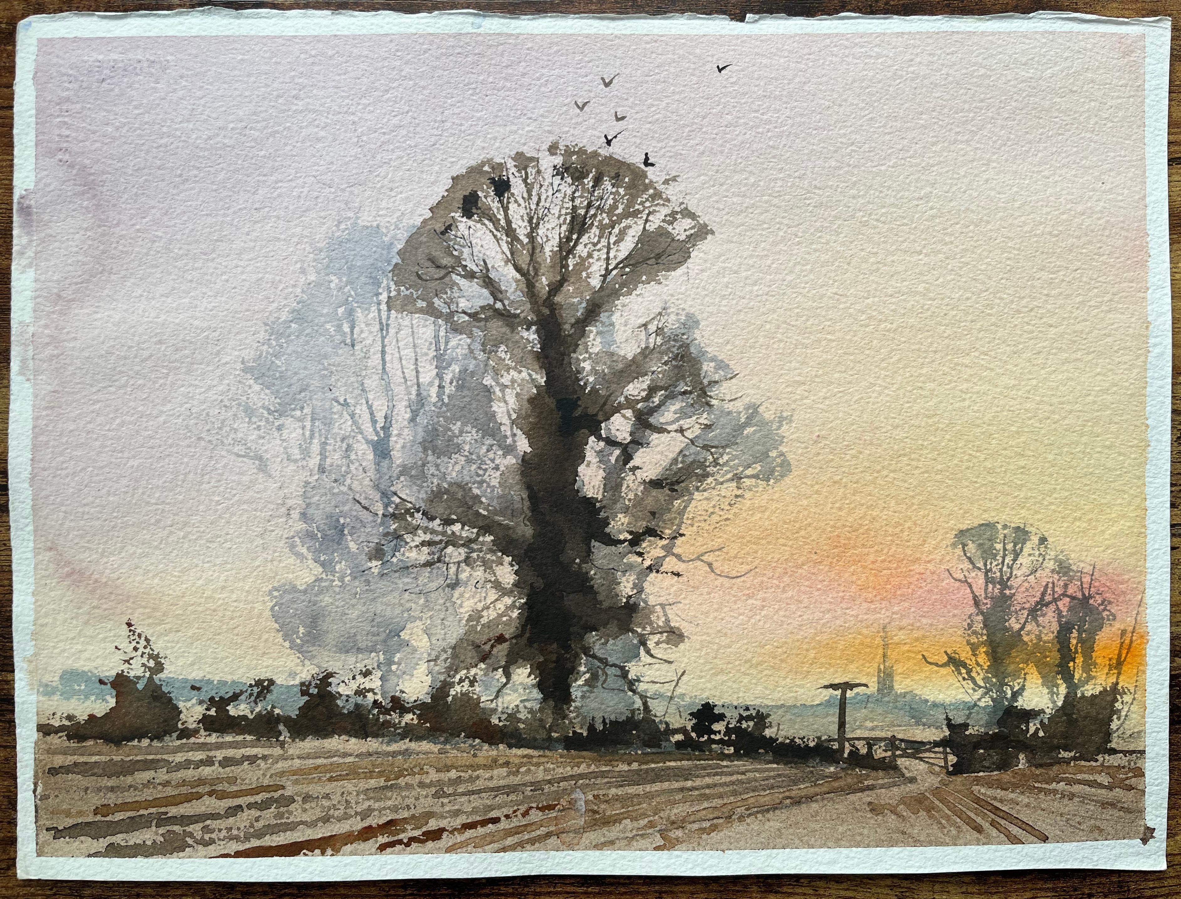 Acquerello impressionista britannico di Silhouette di albero al tramonto con guglia lontana - Painting di Anthony Avery