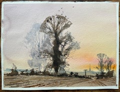 British Impressionist Watercolor of Tree Silhouette at Sunset with Distant Spire