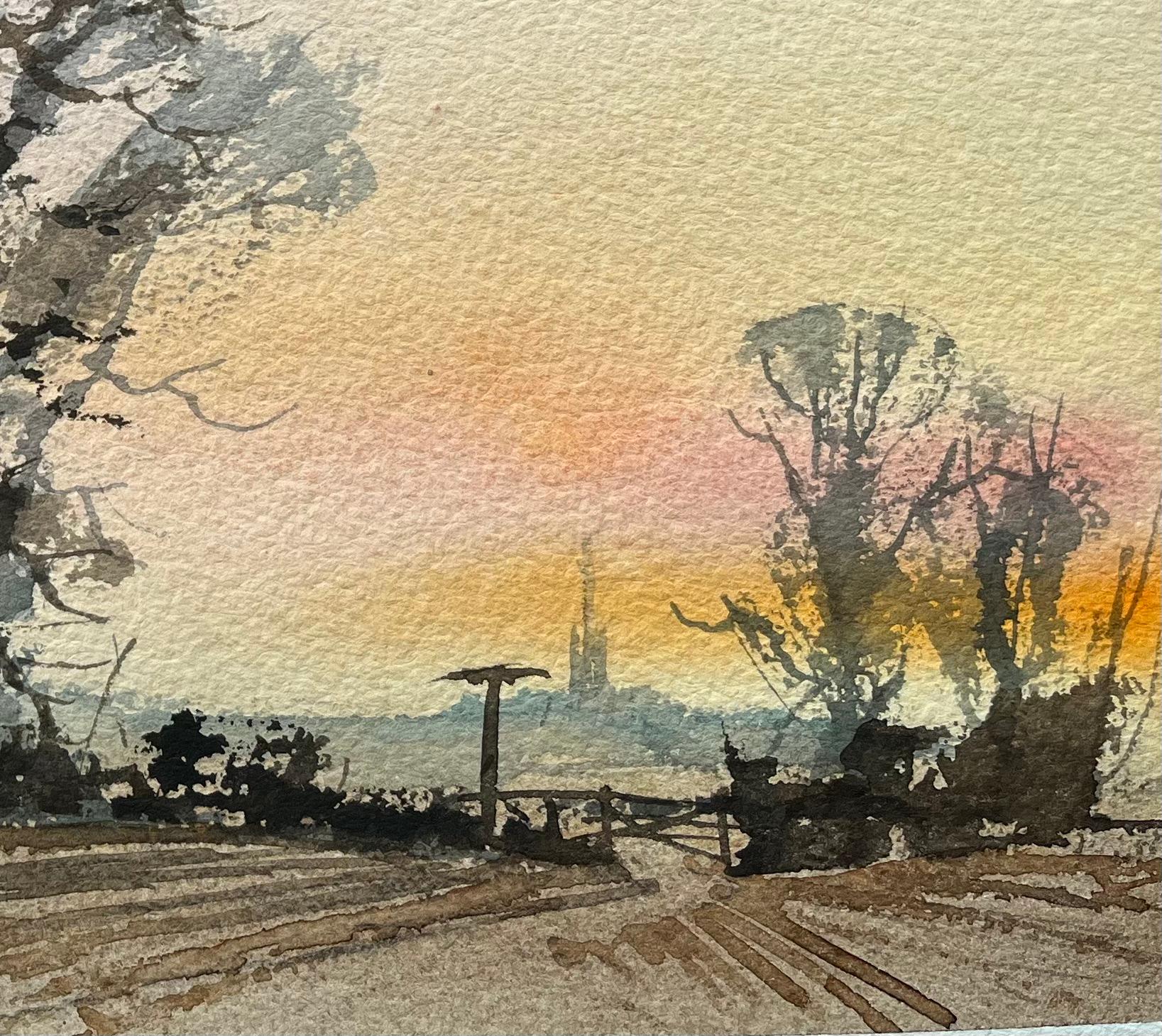 Acquerello impressionista britannico di Silhouette di albero al tramonto con guglia lontana - Painting Impressionismo di Anthony Avery