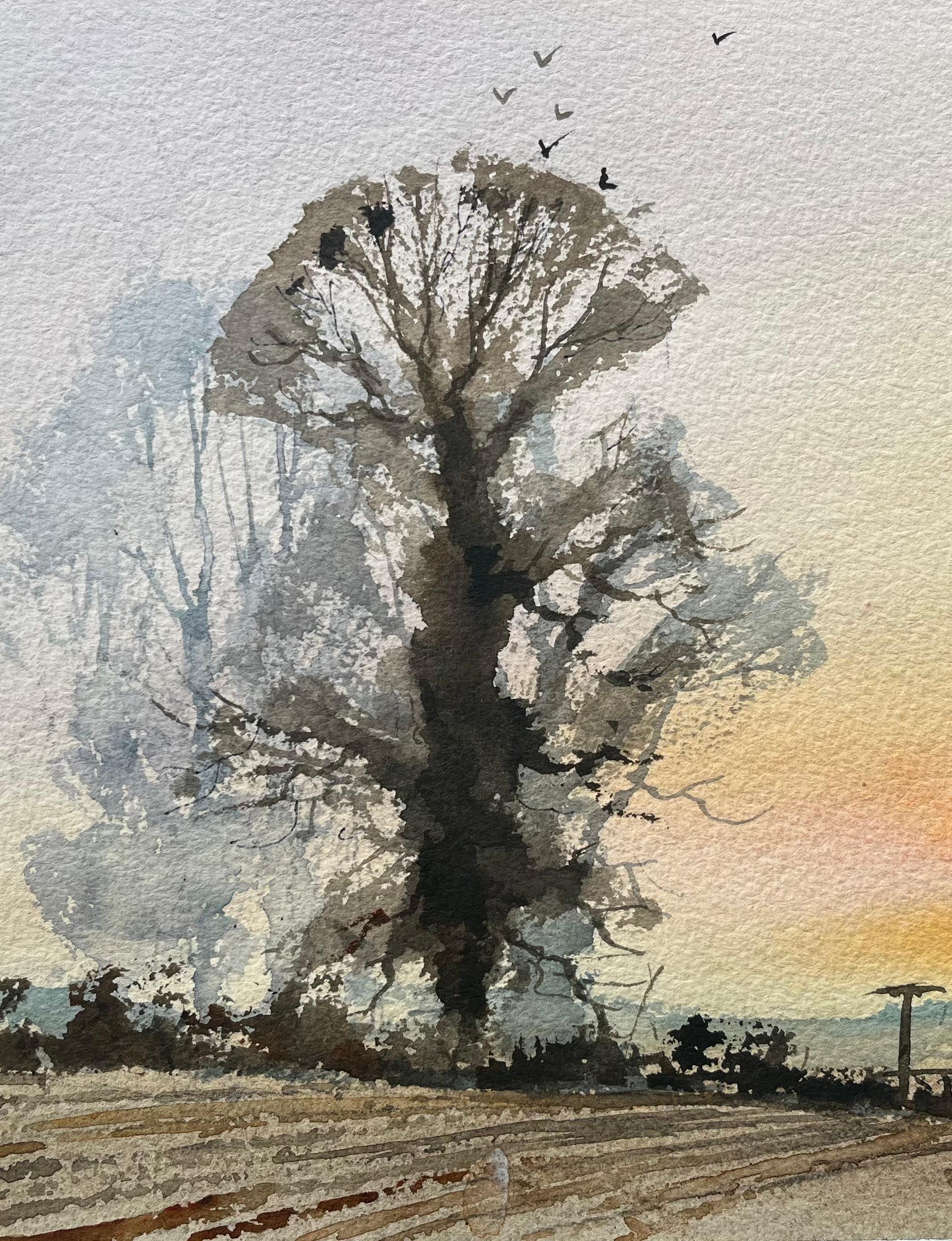 Acquerello impressionista britannico di Silhouette di albero al tramonto con guglia lontana in vendita 1