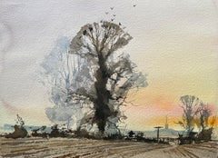 British Impressionist Watercolor of Tree Silhouette at Sunset with Distant Spire