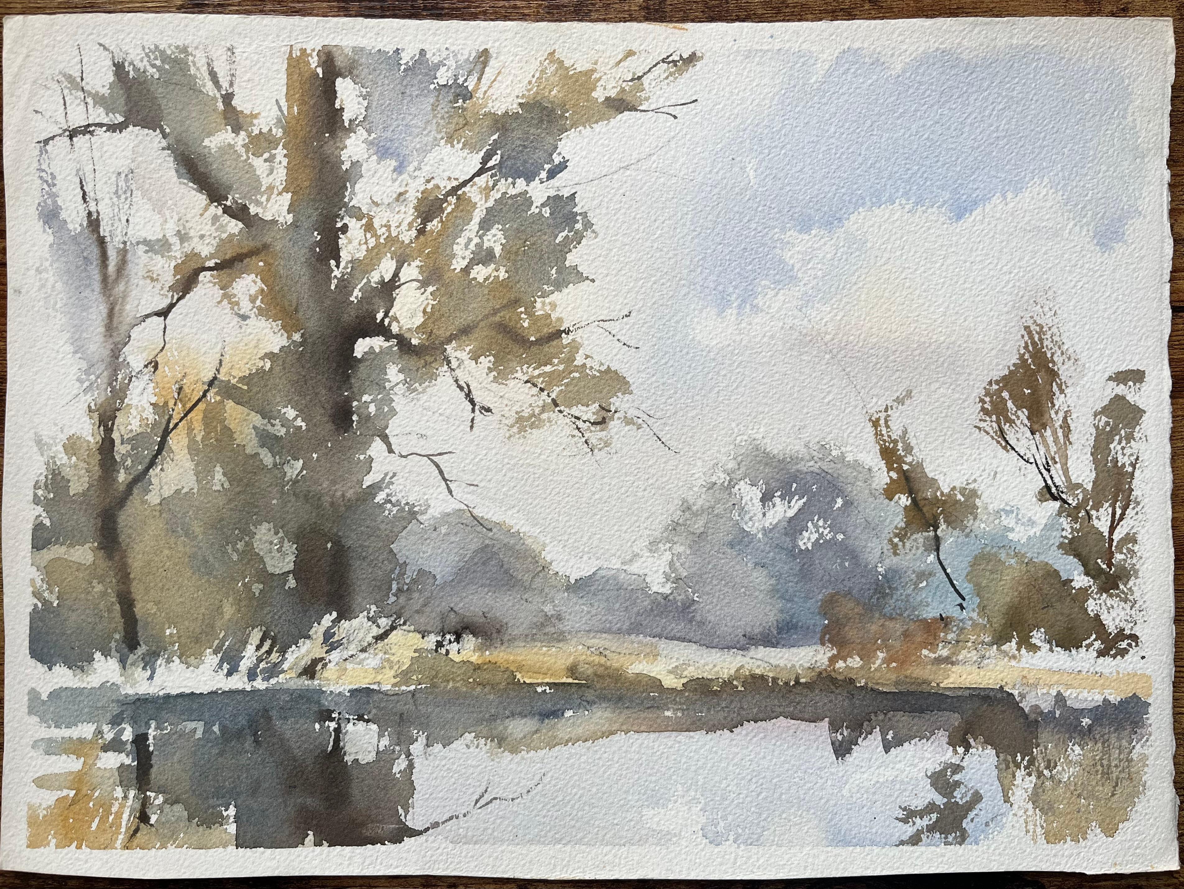 British Impressionist Watercolor of Trees and Reflection on Water - Painting by Anthony Avery