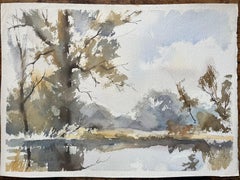 British Impressionist Watercolor of Trees and Reflection on Water