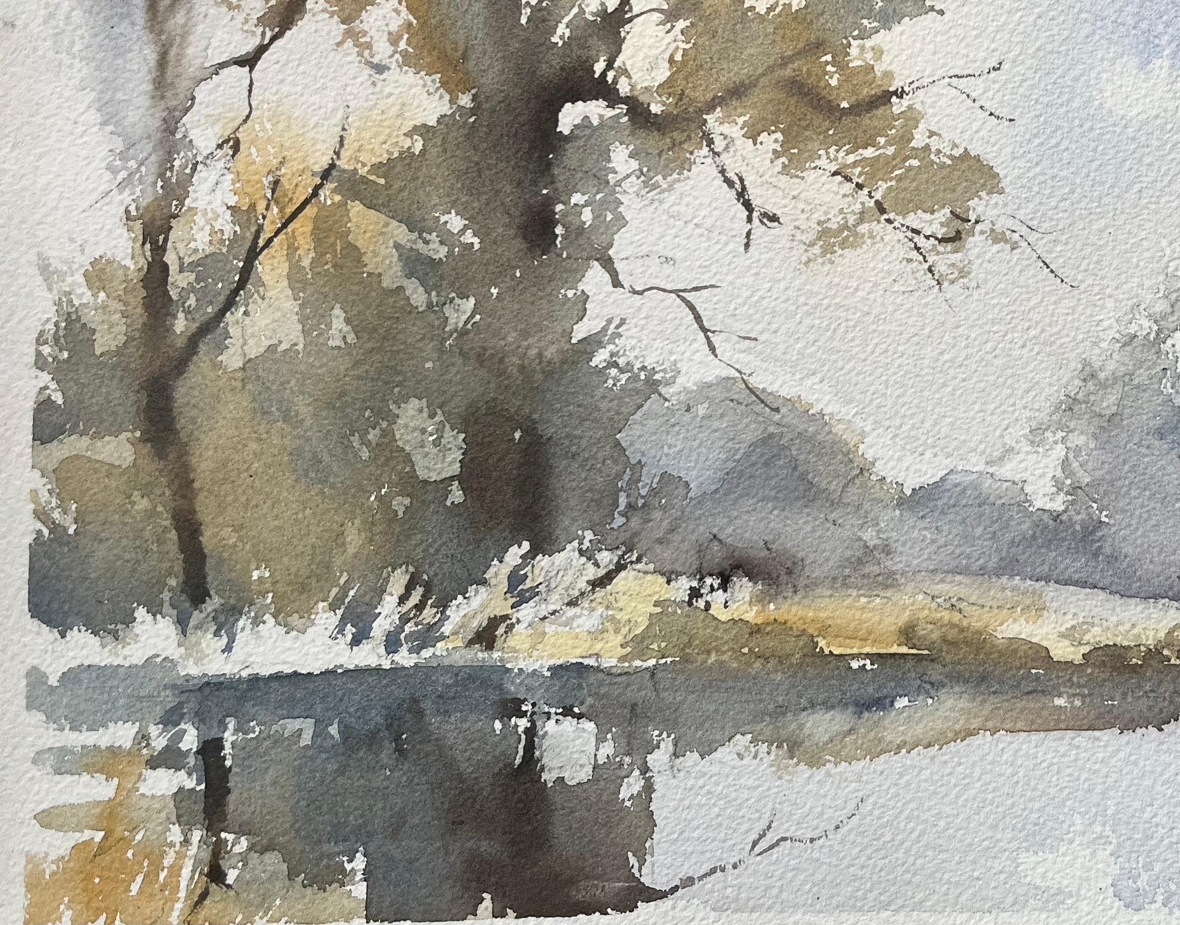 British Impressionist Watercolor of Trees and Reflection on Water For Sale 1