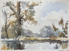 British Impressionist Watercolor of Trees and Reflection on Water