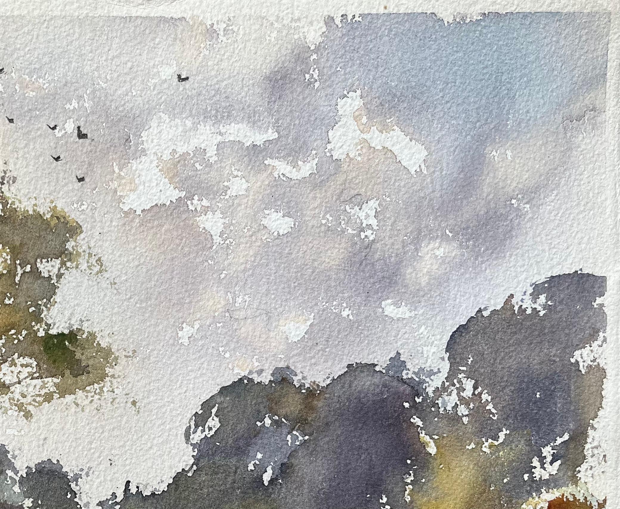 Britischer Impressionist Aquarell von Bäumen in einem stillen See reflektiert (Grau), Landscape Painting, von Anthony Avery