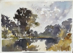 Britischer Impressionist Aquarell von Bäumen in einem stillen See reflektiert