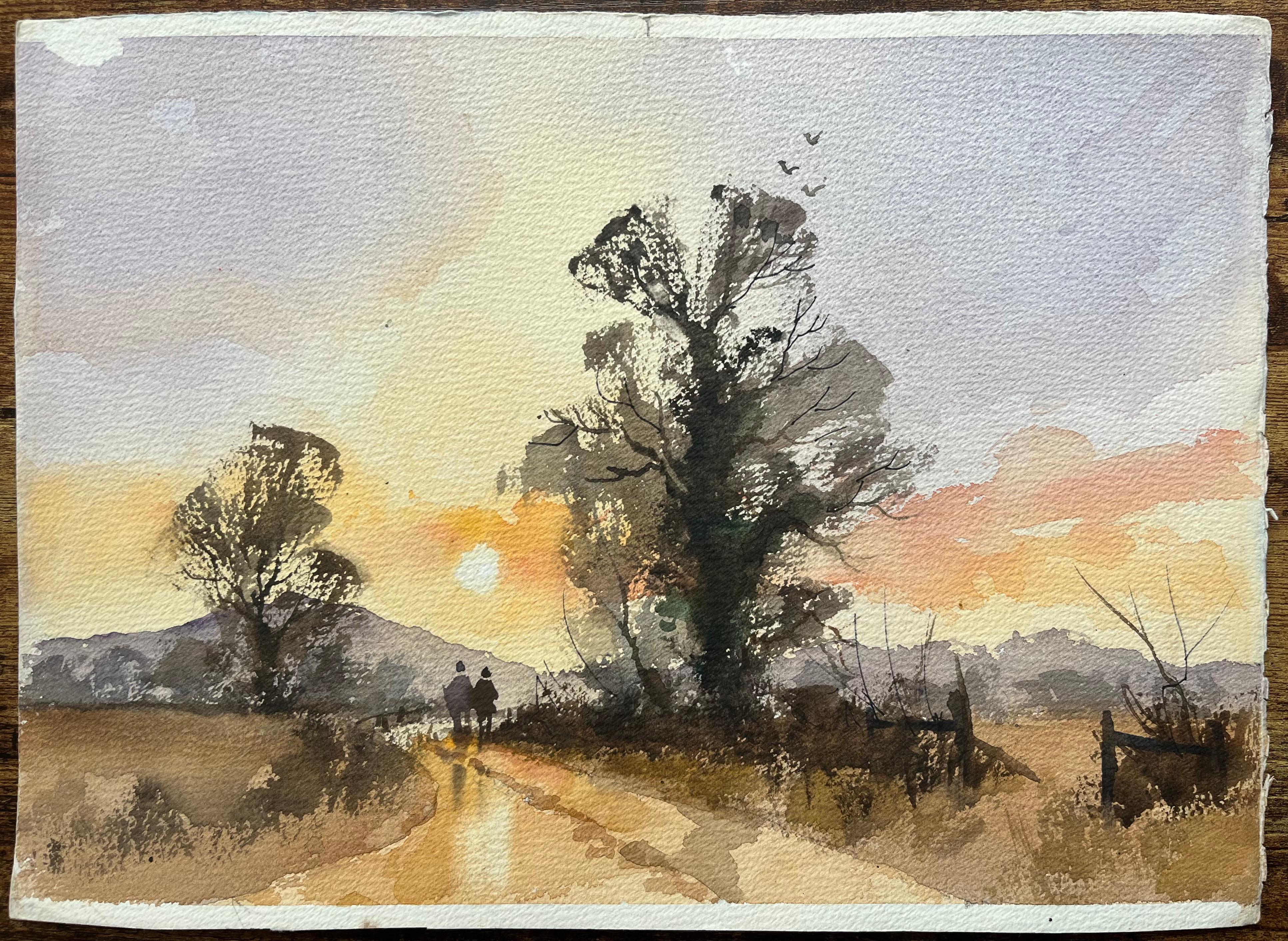 British Impressionist Watercolor of Two Figures Taking a Sunset Stroll - Painting by Anthony Avery
