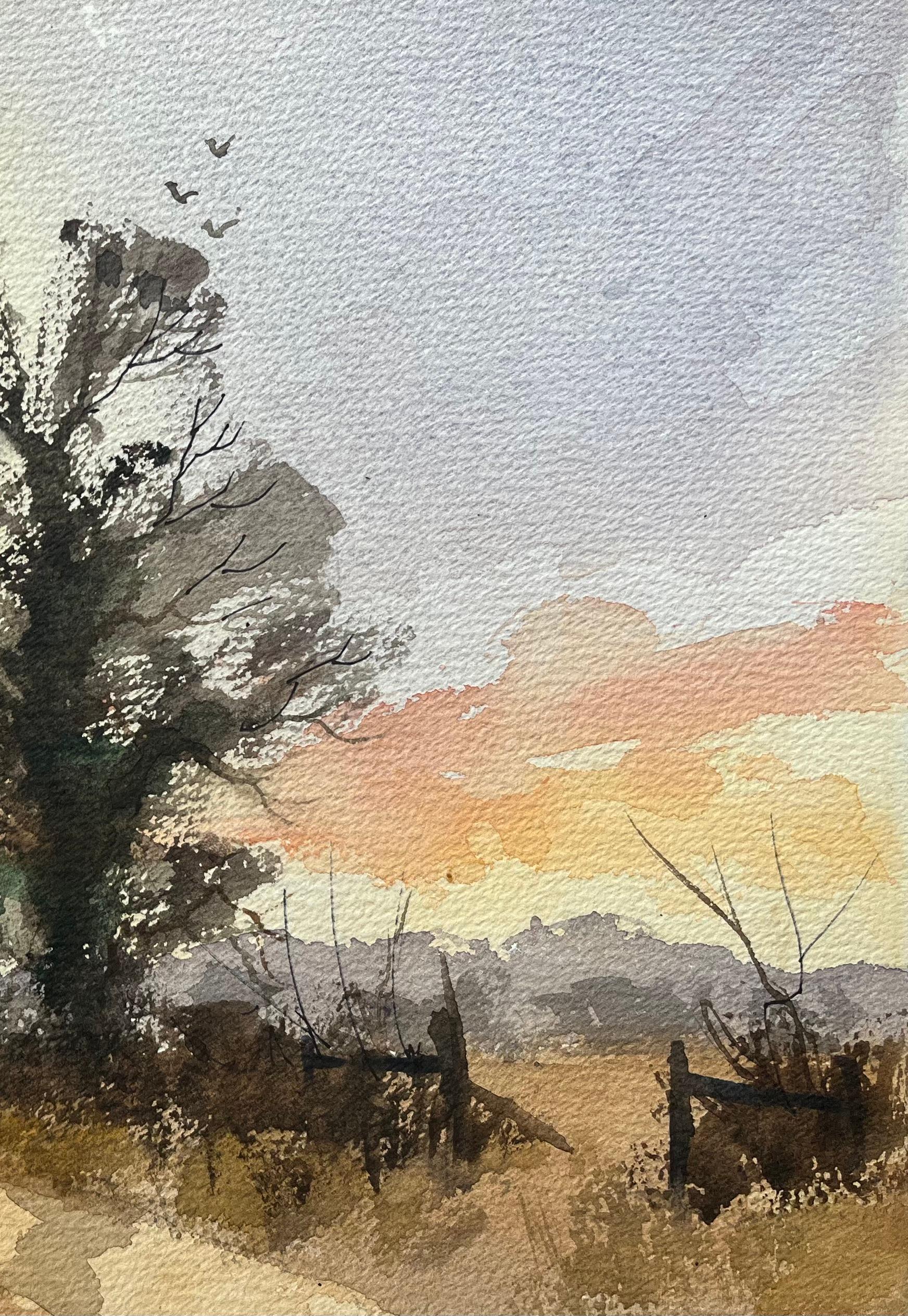 British Impressionist Watercolor of Two Figures Taking a Sunset Stroll - Beige Landscape Painting by Anthony Avery