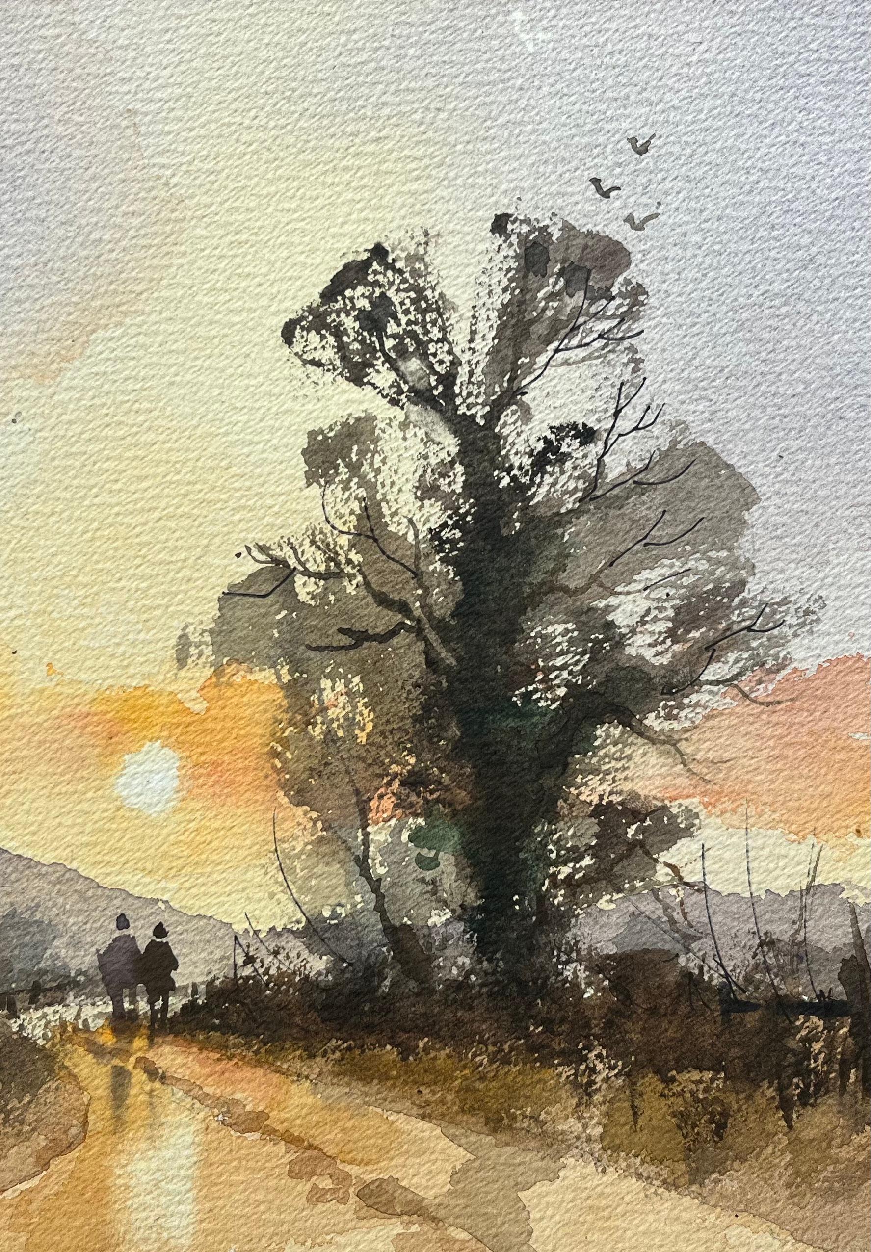 Title: British Impressionist Watercolor of Two Figures Taking a Sunset Stroll
by Anthony Avery (British 1946-2023)
Original watercolor on artists paper, unframed
Dimensions: 11.25 x 15.5 inches (Height x Width)
Condition: Good, with some minor signs