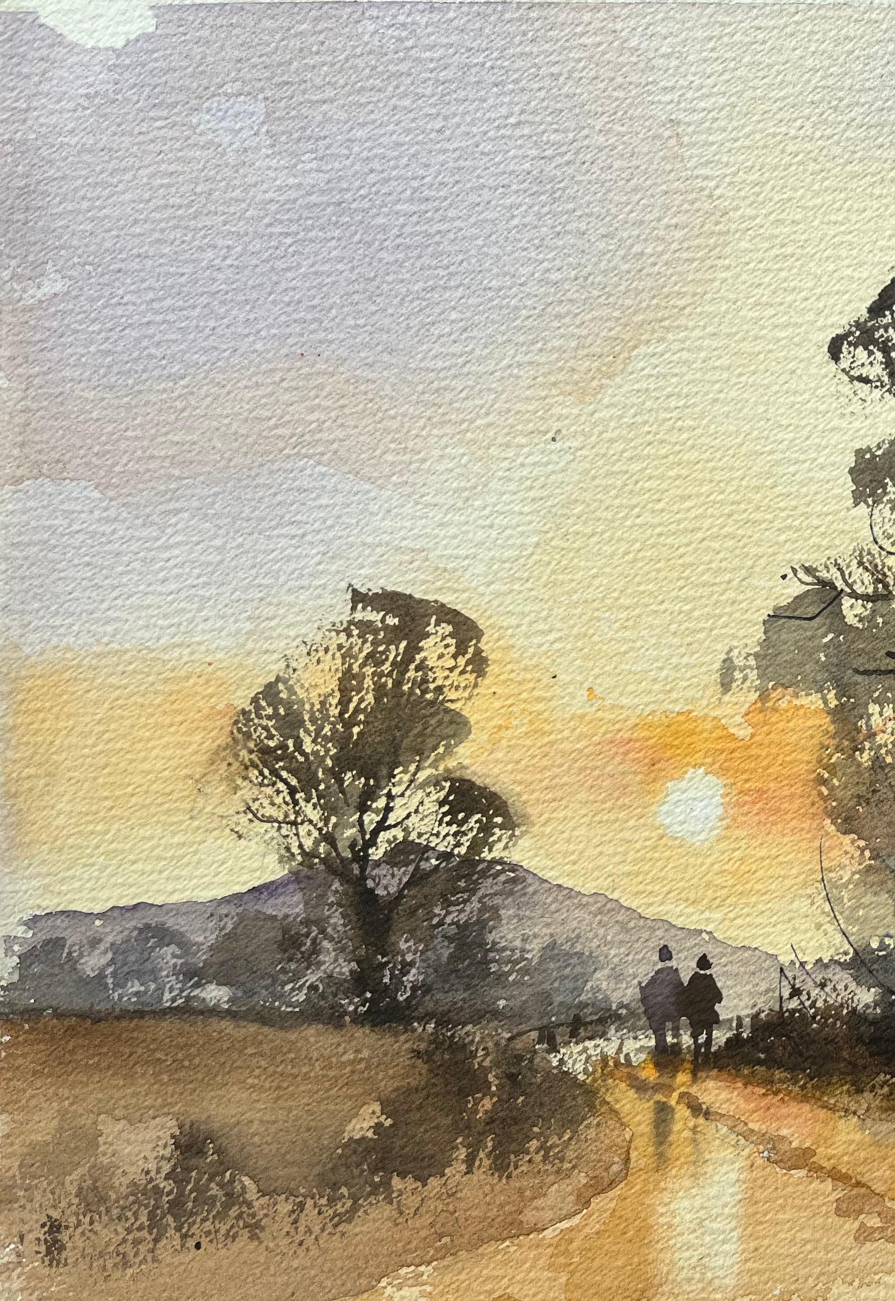 British Impressionist Watercolor of Two Figures Taking a Sunset Stroll For Sale 1